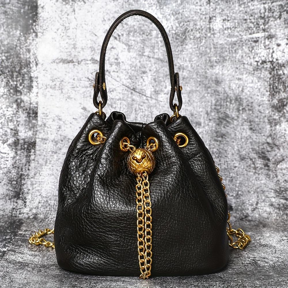 Ladies' First-Layer Cowhide Bucket Bag, Genuine Leather Handbag with Golden Hardware, Detachable Shoulder Strap with Chain Decoration, Elegantly Stylish Design, Multifunctional Fashion Accessory |     Elegant Design |     Vegan Handbag