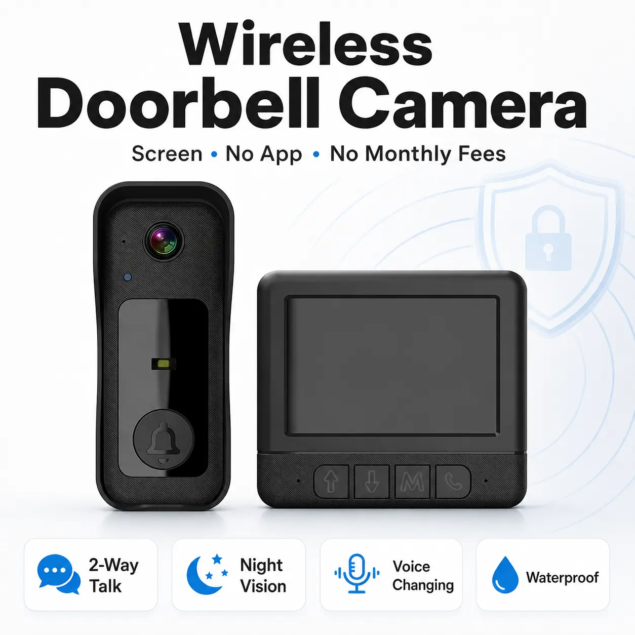 No WiFi Smart Visual Doorbell with Indoor Monitor, App-Free Home Security Camera, Two-Way Talk, Night Vision, Waterproof Housing & Rechargeable Design