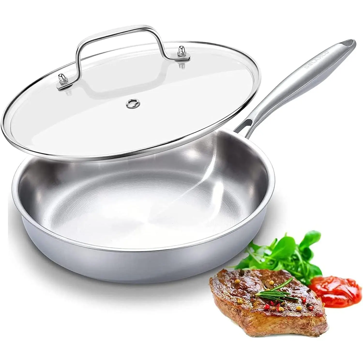 Tri-Ply Stainless Steel Pan, 18/10 Frying Pan, Oven Safe Up to 600°F, Nontoxic Cookware, Compatible with All Cooktops Skillet, Durable, Fast Even Heat Fry Pan,12 inch Pan with Glass Lids