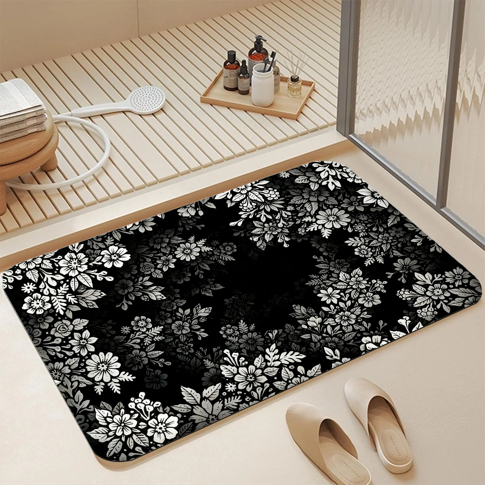 16*24 Inch Black Background Monochrome Border Floral Diatomite Bath Mat, Fast Water Absorbent Non-Slip Quick Dry Bathroom Rug, Lacy White Leafy Blossom Hollow Wreath Botanical Print, Stain Resistant Washable Goth Victorian Dark Academia Coquette Shower
