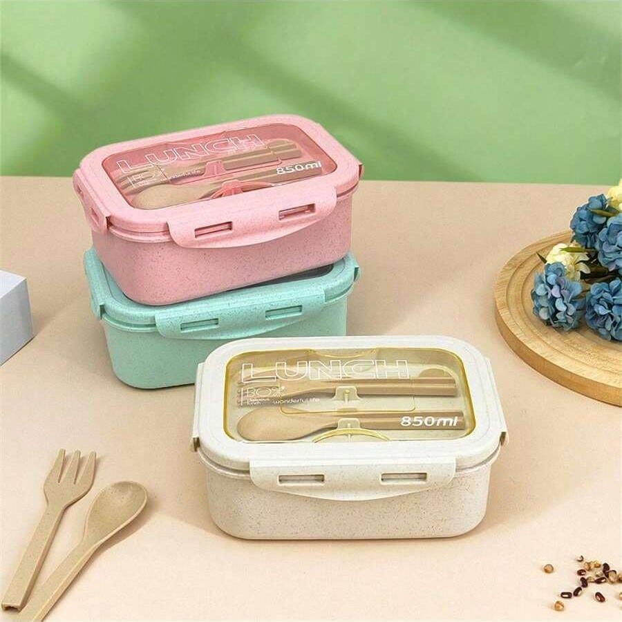Lunch Box with Cutlery Set, 1 Set Reusable Double Grid Lunch Box with Spoon & Fork, Portable Lunch Container for Kitchen, Outdoor, Learning Supplies