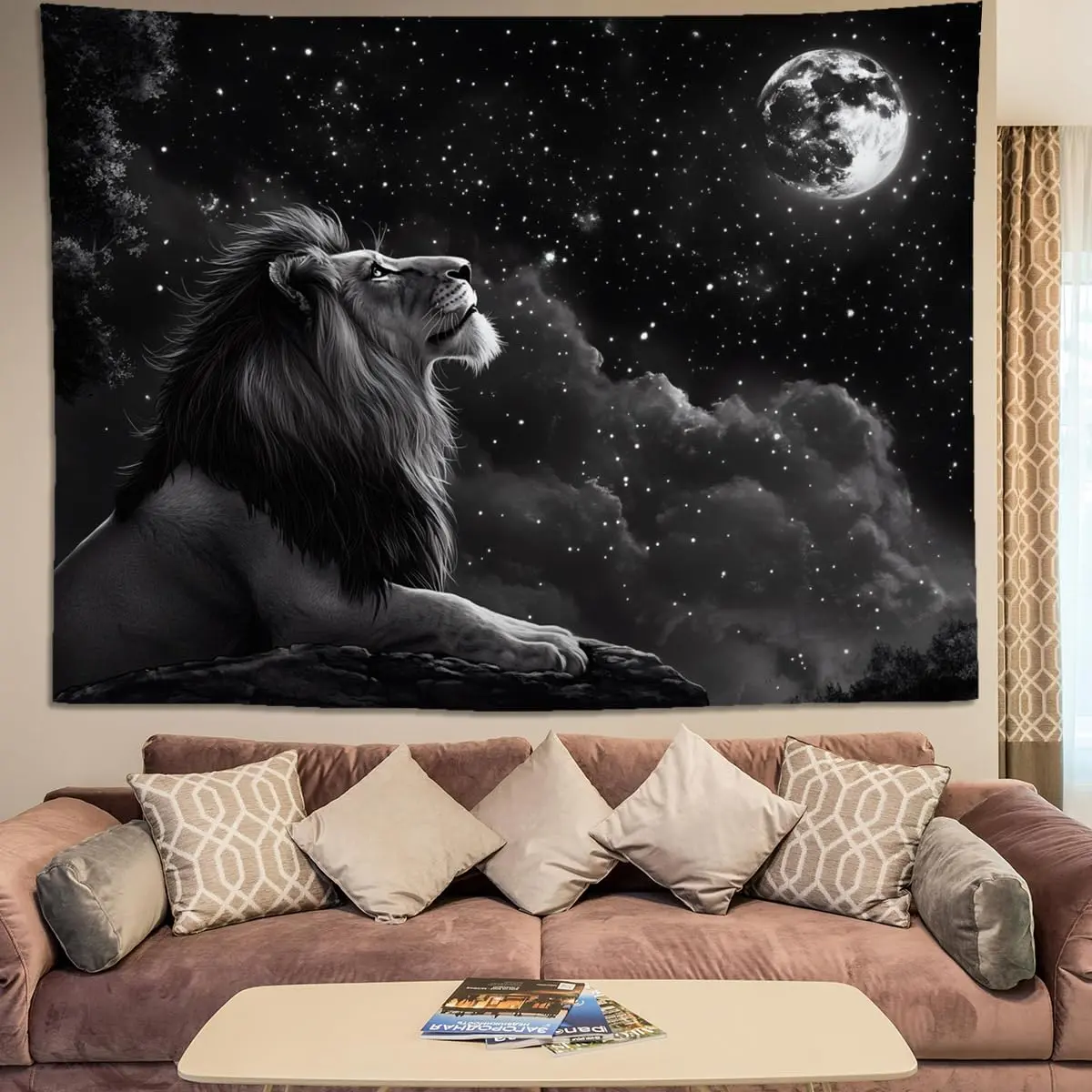 Black and White Lion Tapestry – Cool Space Moon Stars Wall Hanging for Men, Aesthetic Lion Wall Tapestry for Bedroom, Dorm, Living Room Decor, Galaxy Animal Art