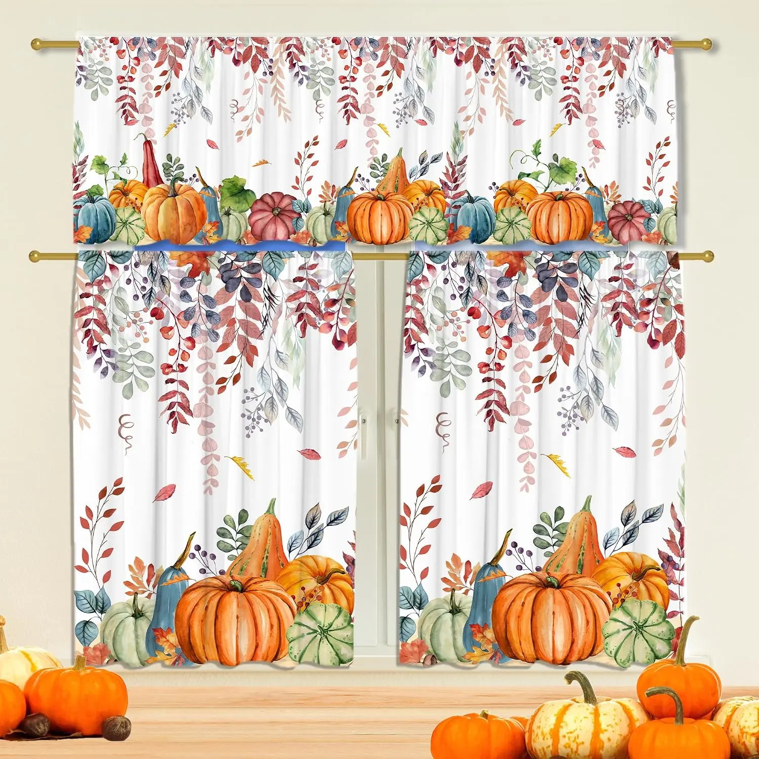 Fall Kitchen Curtains for Windows-Fall Decorations Leaves Pumpkin Valances-Autumn Leaf Curtains and Valances Set Decor for Cafe Living Room 27''x24'' 2 Panel & 54x18 Inch Tier Set Thanksgiving