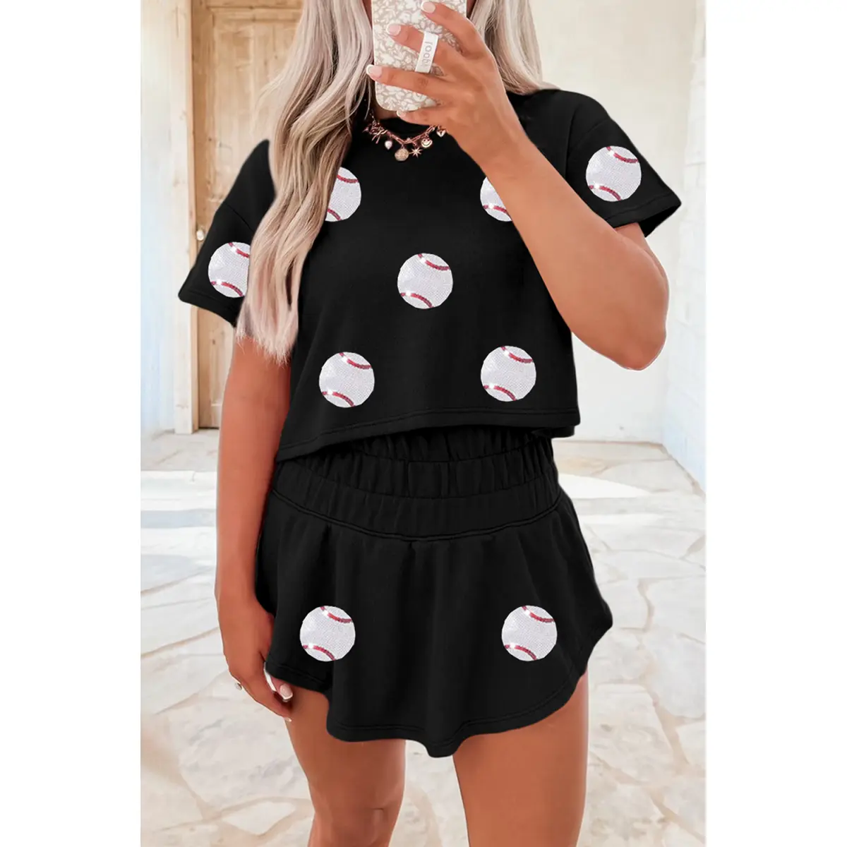 Black Baseball Print Skort Set
