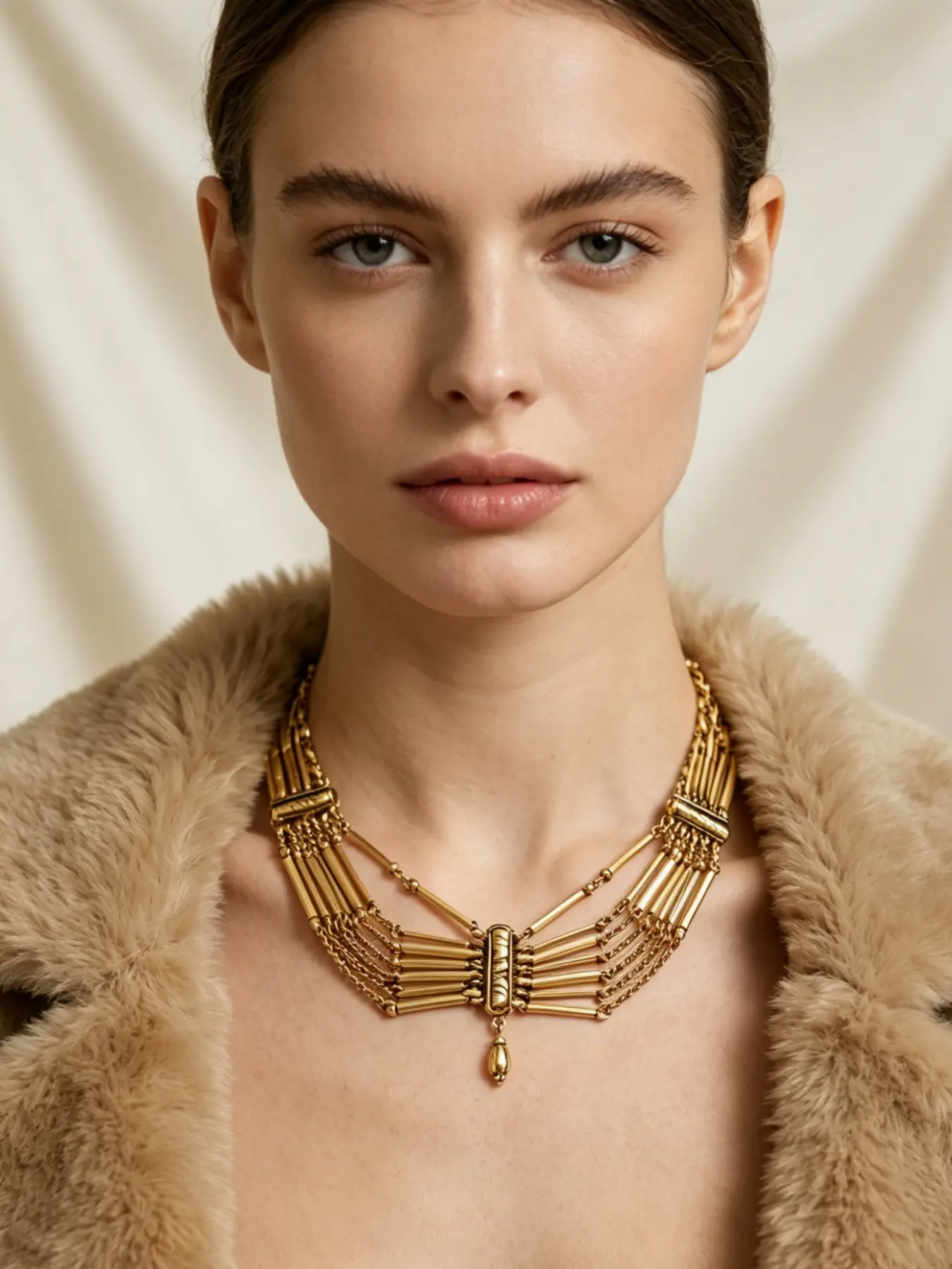 A vintage vintage vintage gold V-shaped multi-layer chain necklace with metal chains and bar shaped decorations, suitable for daily commuting, light business, or vintage dressing scenes.