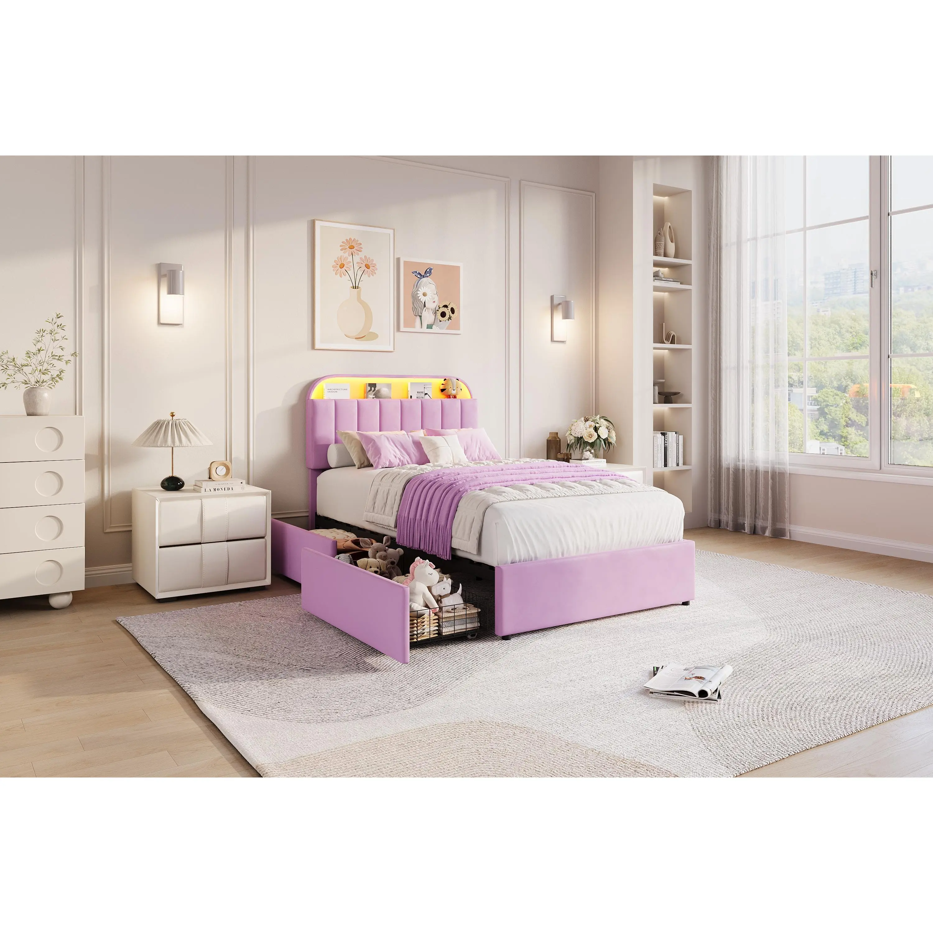 Twin Size Bed Frame, Velet Upholstered Platform Bed Frame with Adjustable Storage Headboard andd 2 Drawers, with Bookcase Headboard and LED Lights, Kids Bed for Girls, Easy Assembly, Noise Free,Purple