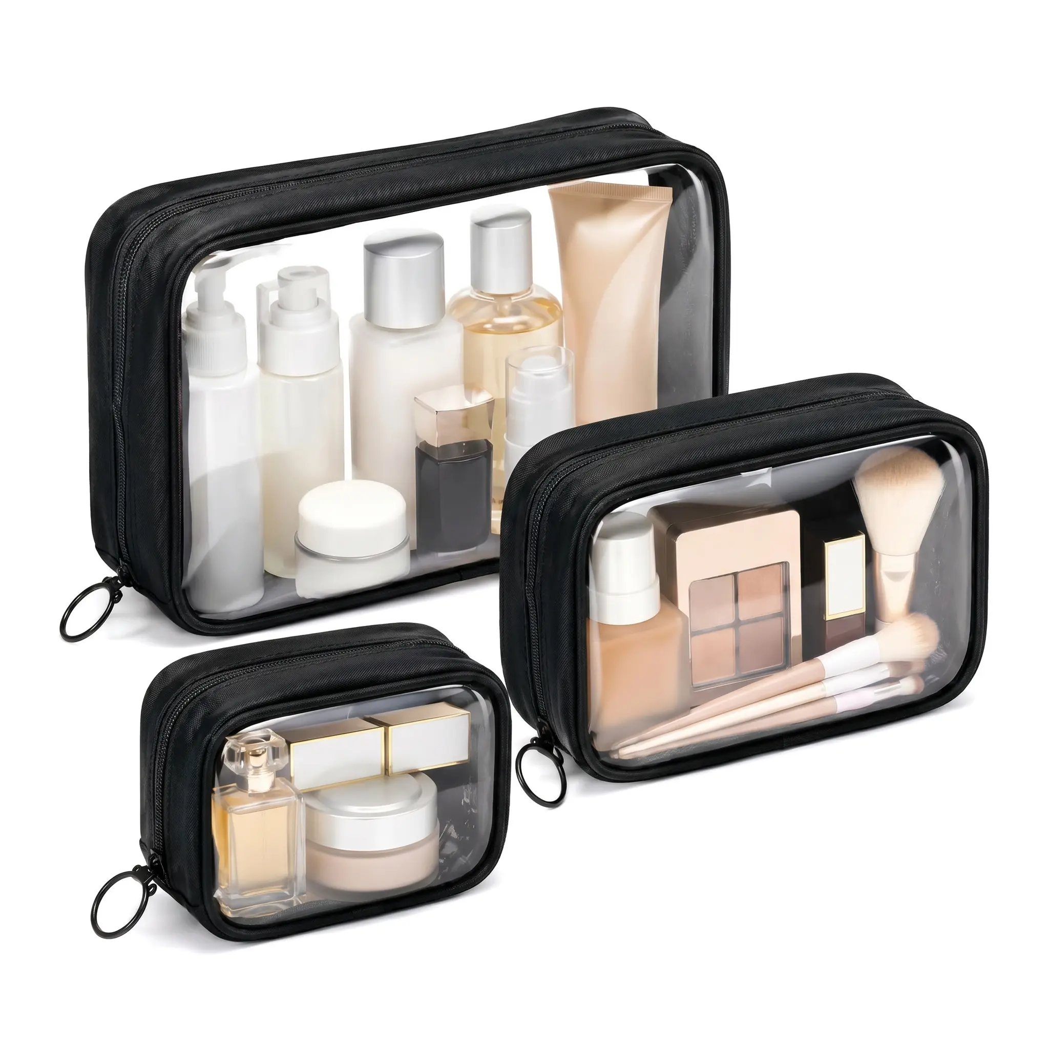 This 3-piece set of transparent travel toiletry bags—featuring large, medium, and small sizes and a zippered design—is an essential item for women to carry and organize their toiletries and cosmetics.