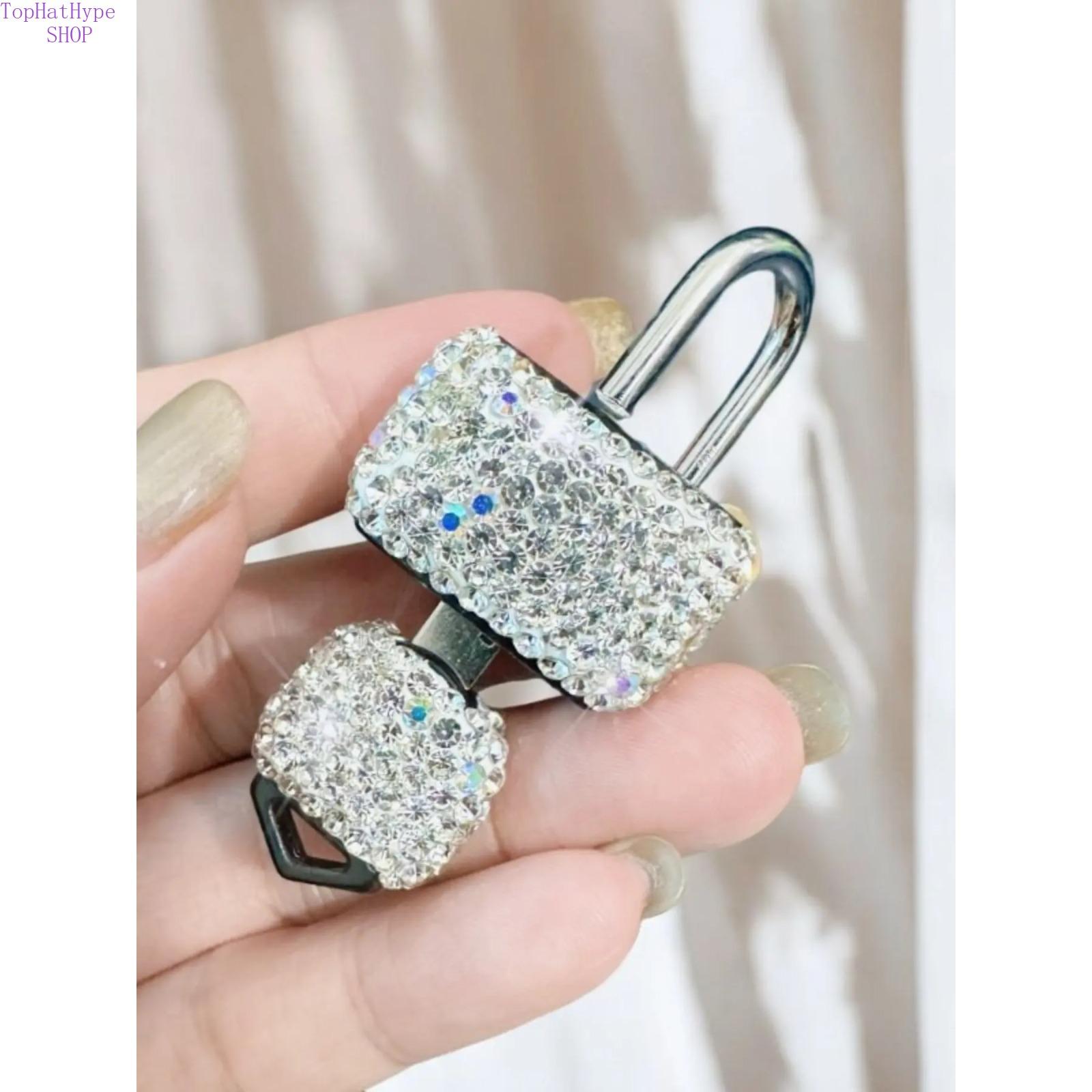Luxury Rhinestone Mini Padlock with Sparkle Key, Decorative Security Lock for Drawers Cabinets Meter Boxes Portable Anti-Theft Lock Elegant Bling Design Combine Safety & Aesthetic for Home Daily Travel Use