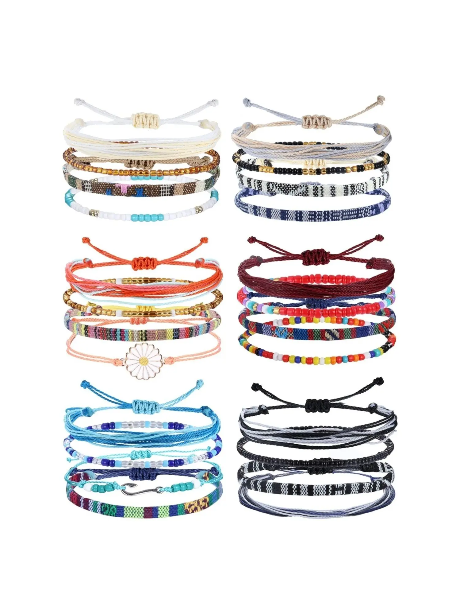 24 Pcs Colorful Handmade Woven Rope Bracelet, Beaded Braided Bracelet, Mix Bracelets, Anklet Set, Twist Bracelet Set, for Women Men Sturdy Wax Rope Waterproof Delicate Alloy Beads Flexible Adjustable Design