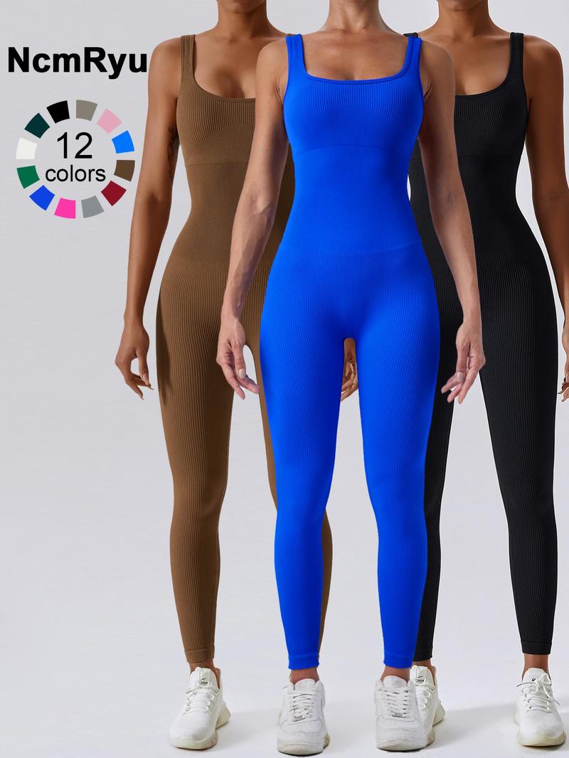 Women's Seamless One-Piece Hip Lift Crew Neck Tummy Control Jumpsuit with Tank Top, Tummy Control Dance & Fitness & Workout Set, Stretch Sportswear for Outdoor Activities