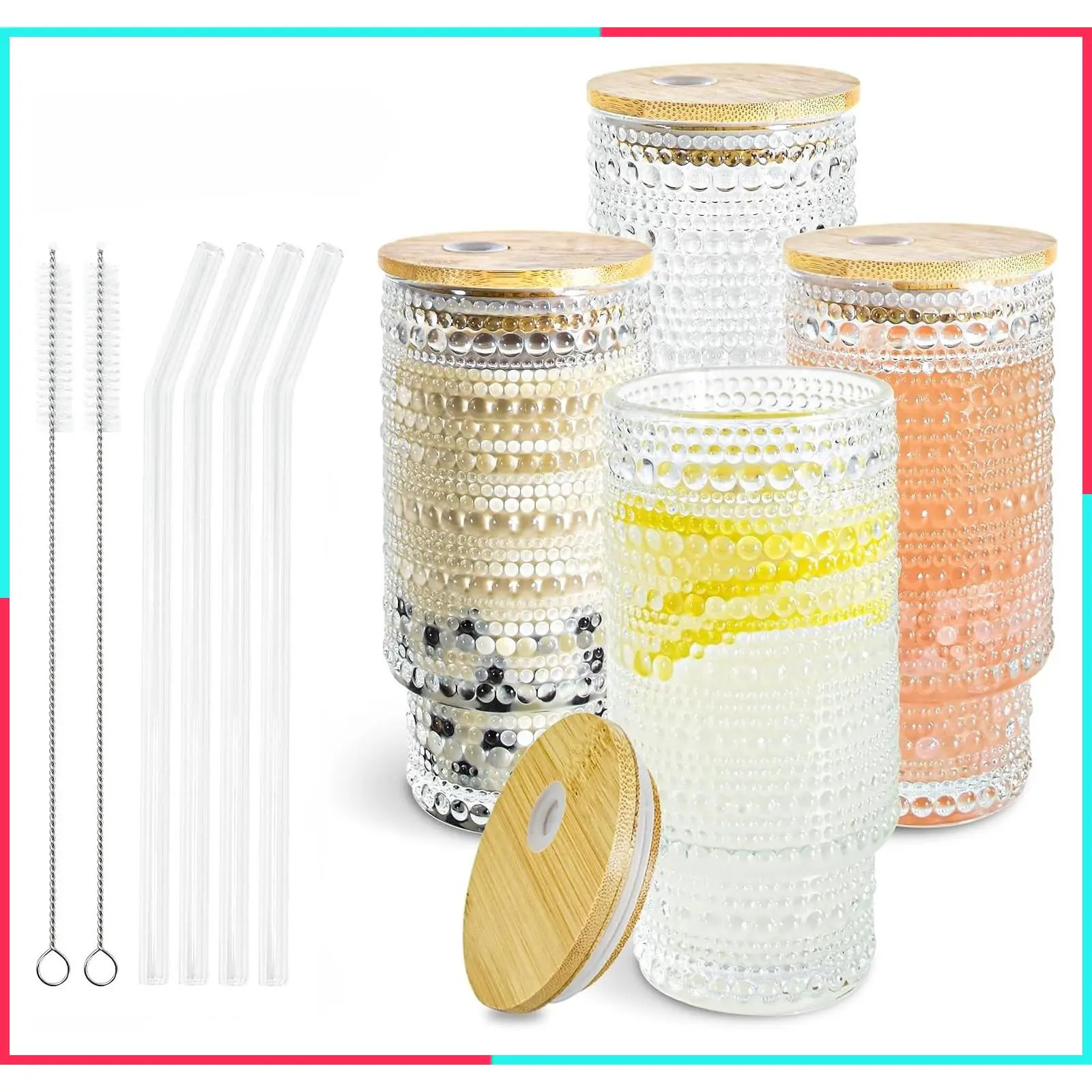 16 oz Hobnail Glass Cups with Lids and Straws | Vintage Iced Coffee Glasses with Bamboo Lids, Stackable Glassware for Cocktail, Juice, Matcha & Smoothie