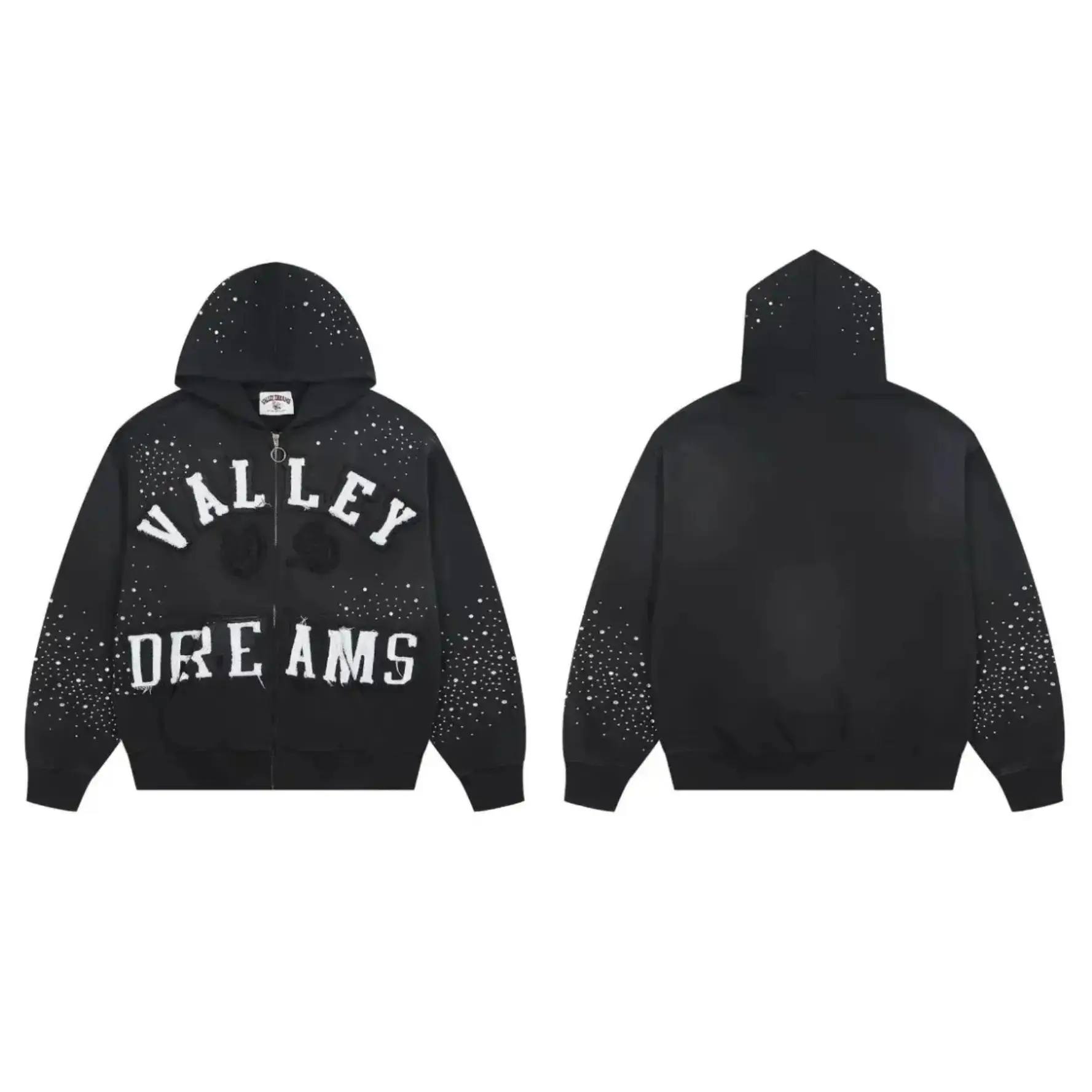 VALLEY DREAMS Rhinestone Star Splatter Distressed Patch Zip Up Hoodie 100% Cotton Loose Oversized Y2K Hooded Sweatshirt Autumn Winter Streetwear Jacket Top Men Women Unisex