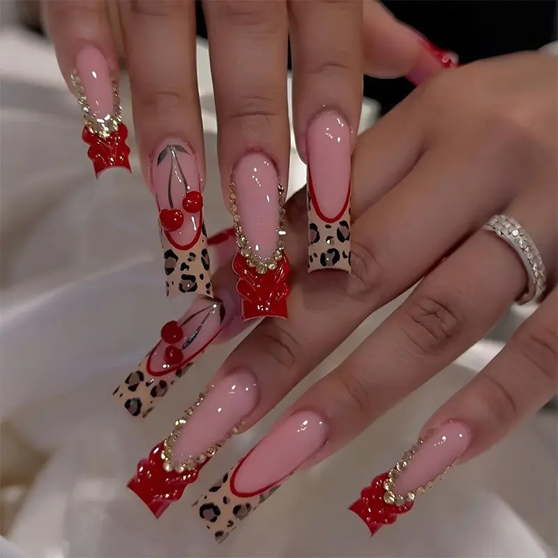 Long square head nude red French press-on nails, Nails Art, leopard print hand-painted handmade rhinestone fake nails, American retro 2K girl style detachable Fake Nails full set summer manicure, Press On Sets, including jelly stickers and nail file
