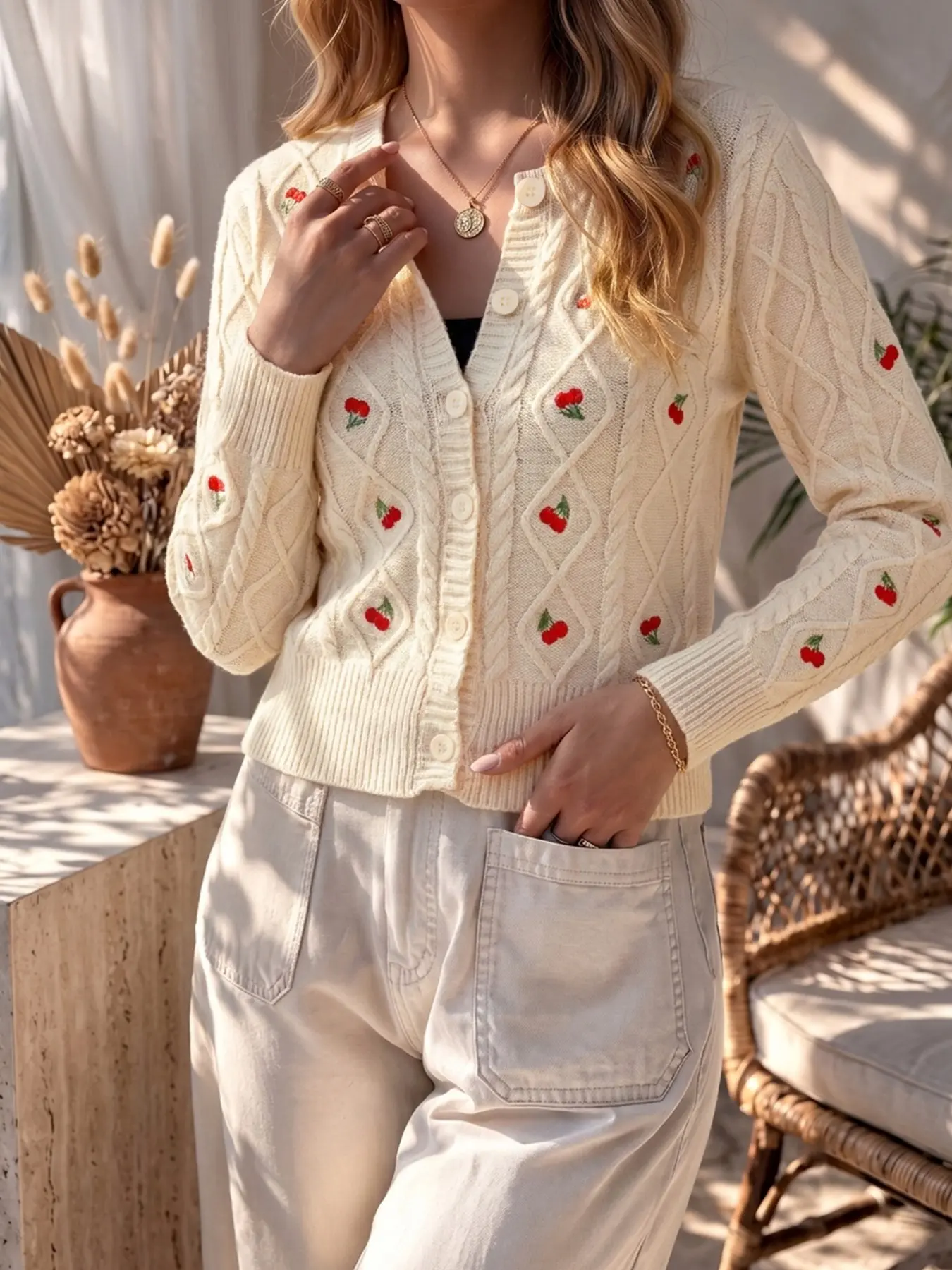 Women's Casual Cherry Round Neck Knit Cardigan, Long Sleeve Autumn Winter Sweater, Classic Style for Daily & Travel
