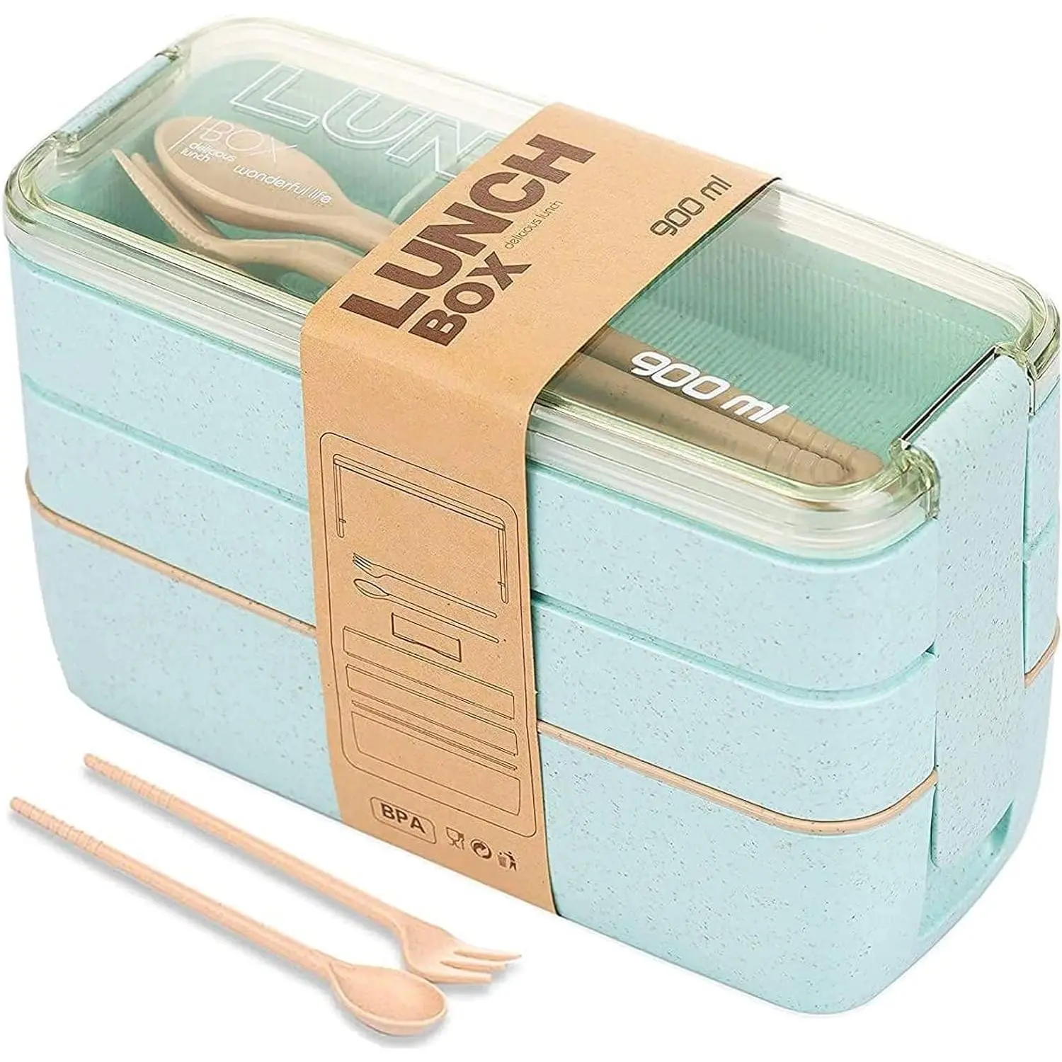 Green Stackable Bento Lunch Box Kit, 3-In-1 Compartment Wheat Straw Lunch Containers with Tableware,  -the-Go Meal and Snack Containers