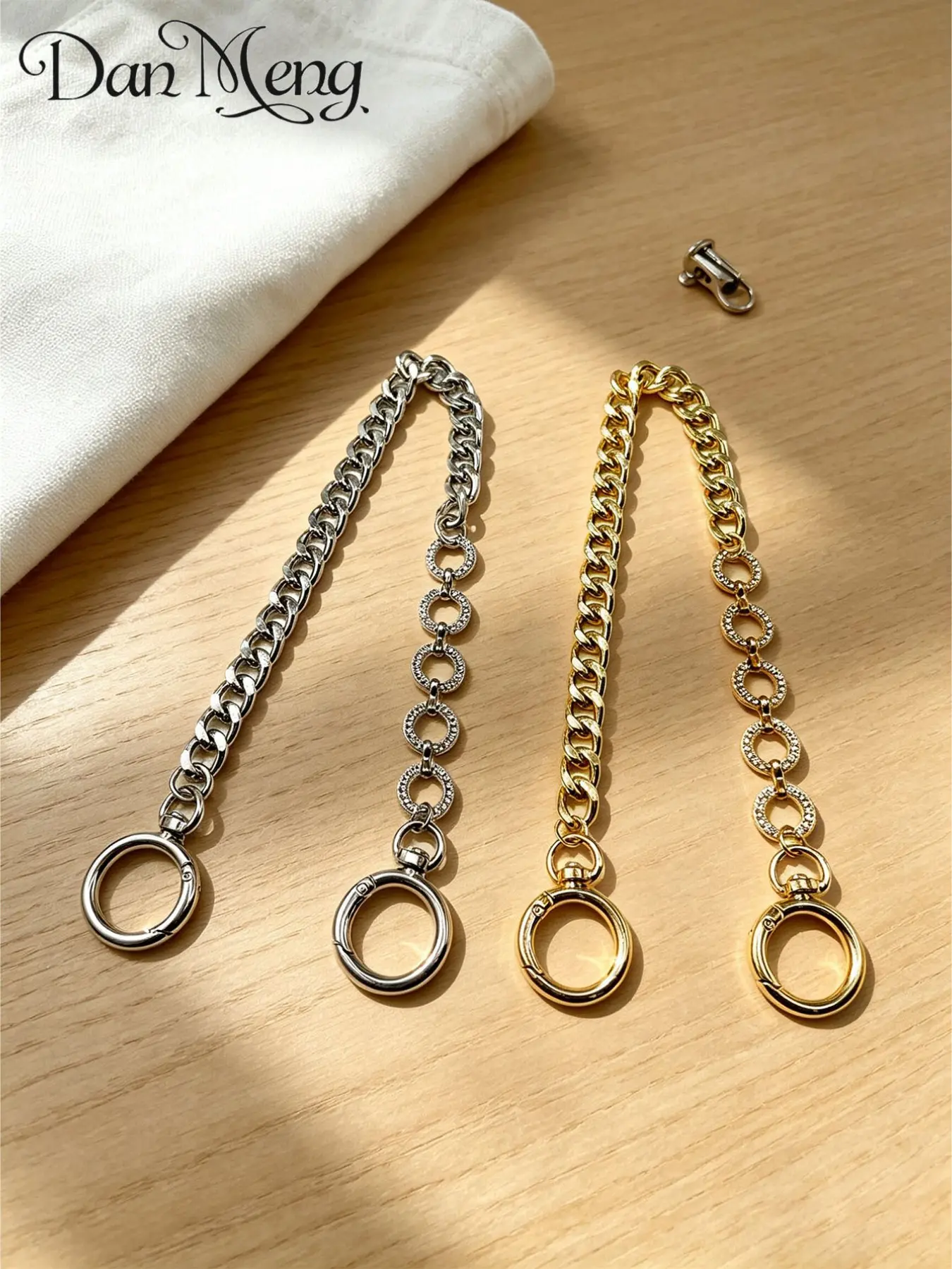Luxury European Style Rhinestone Round Ring Metal Bag Chain, Detachable Cuban Link, Versatile Backpack Decorative Strap