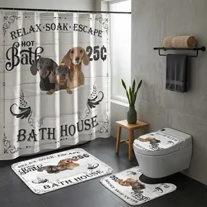 4pcs Vintage Dachshund Dog Bathroom Decor Set, Humorous Shower Curtain, Funny Shower Curtains, Clawfoot Bathtub Design, Rustic Shiplap Theme, Pet Lovers' Home Decor