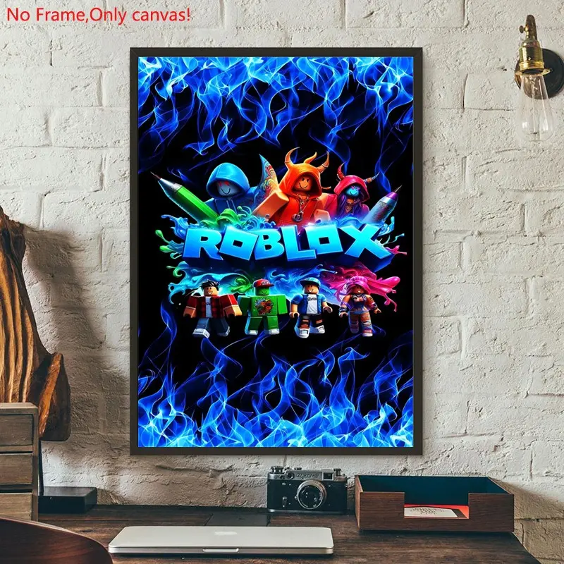 1 piece/set frameless canvas painting print poster, energetic and playful art，Roblox Characters with Blue Flames，a perfect gift for Video games loves, ideal gift for bedroom, living room, dorm hallway, kitchen, mural, wall decoration, room decor
