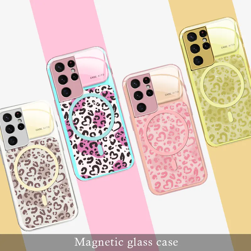 Suitable for【Galaxy S21 Ultra 5g】Vibrant Y2K Dopamine Leopard Print Magnetic Mag‑Safe Glass Phone Case, Shockproof Protective Hard Cover----9435