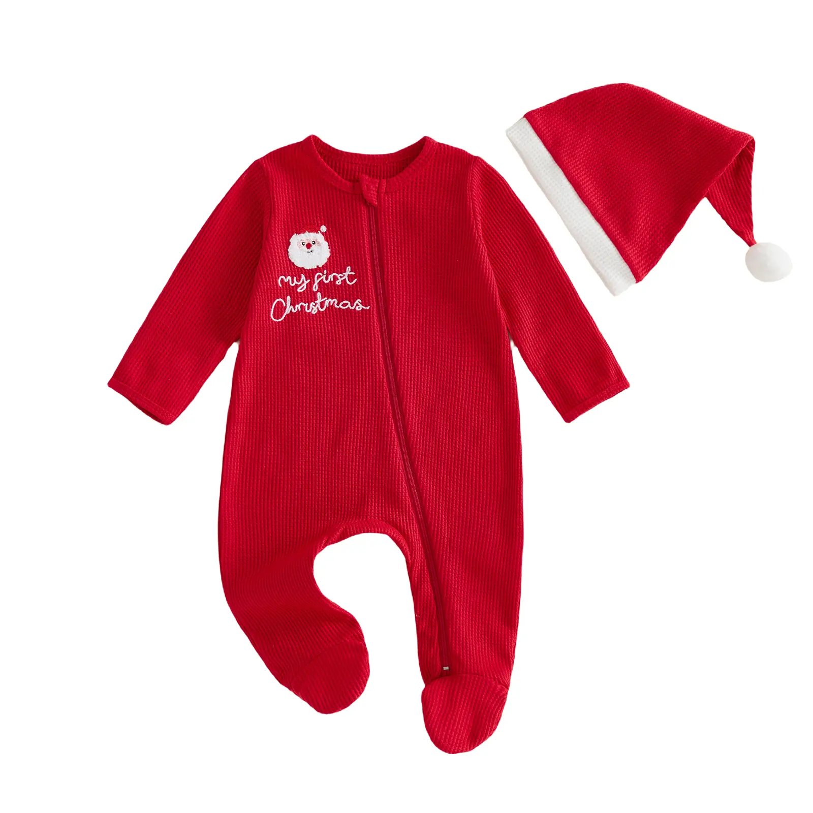 Infant Baby Boy Girl My First Christmas 2 Piece Outfit Waffle Knit Full Zip Footed Romper Santa Embroidery Hat Set 0-18 Months