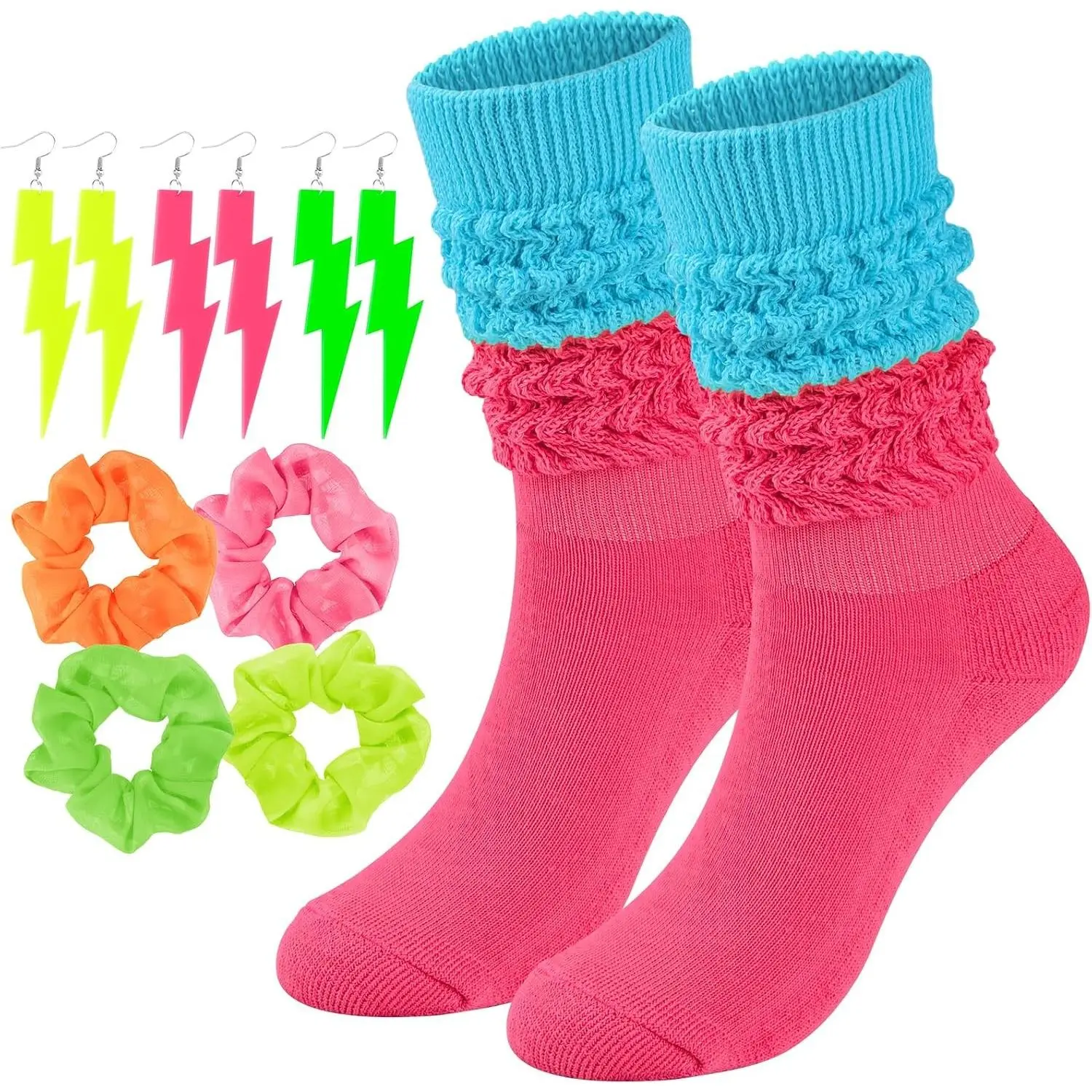 Neon Slouch Socks for Women, 80s 90s Scrunch Knee High Socks | Neon Earrings , Scrunchies Included, 80s 90s Party ThemeGift