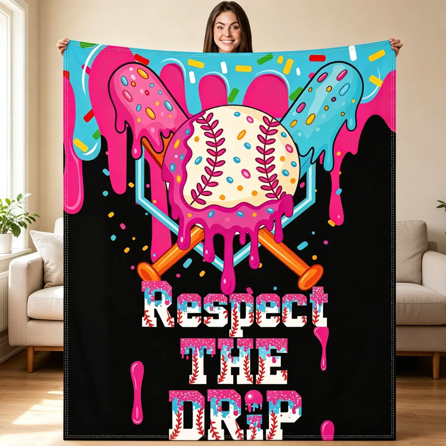 Baseball Ice Cream Drip Blanket, Sports Throw Blanket Soft Cozy Flannel Fleece Throw for Sofa Couch Bed Bedroom Decor, Baseball Lovers Gift, Birthday Present for Fans, Multiple Size
