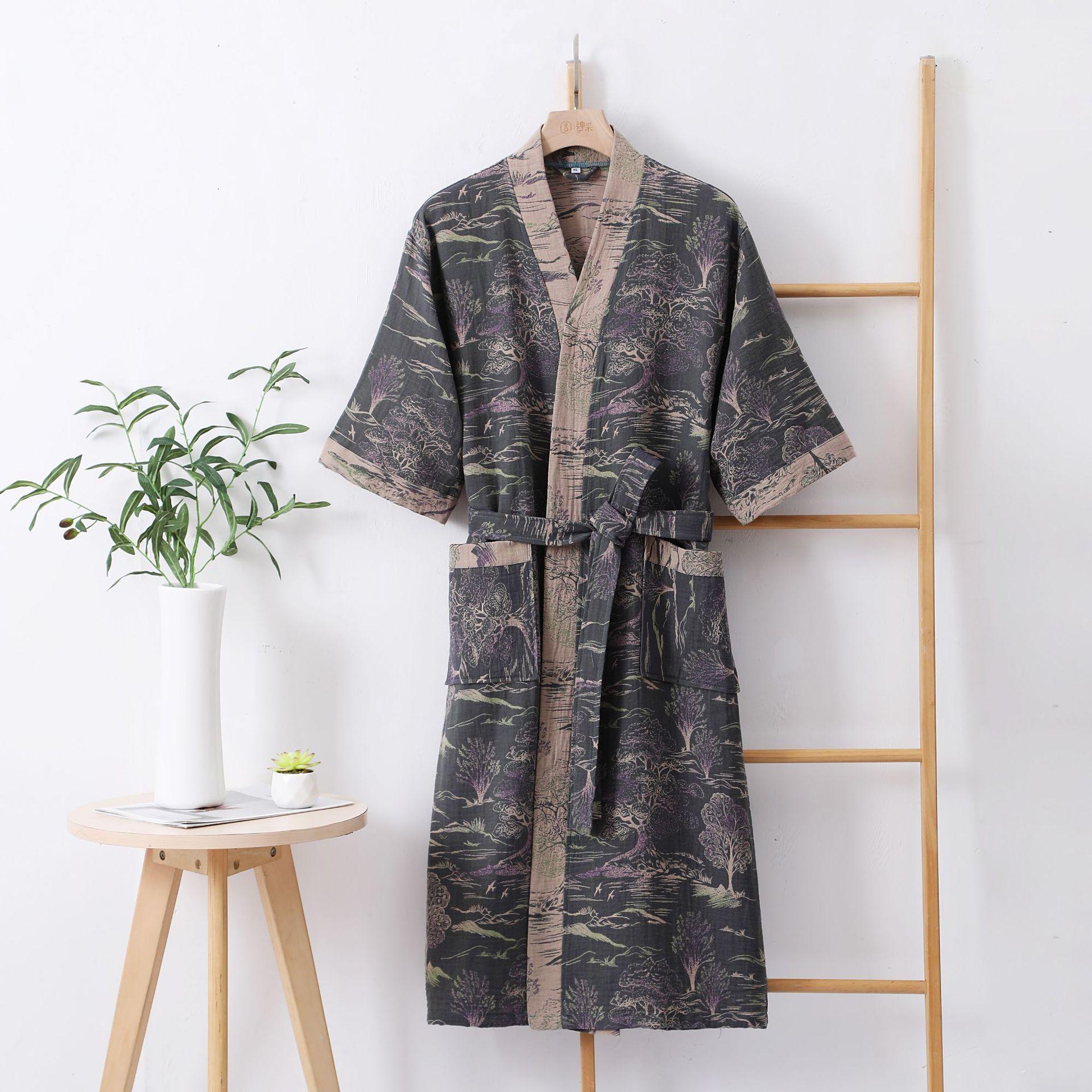 Pure cotton double-layer gauze bathrobe, Class A, spring/summer thin pajamas, home wear, couple's bathrobe, absorbent and quick-drying bathrobe