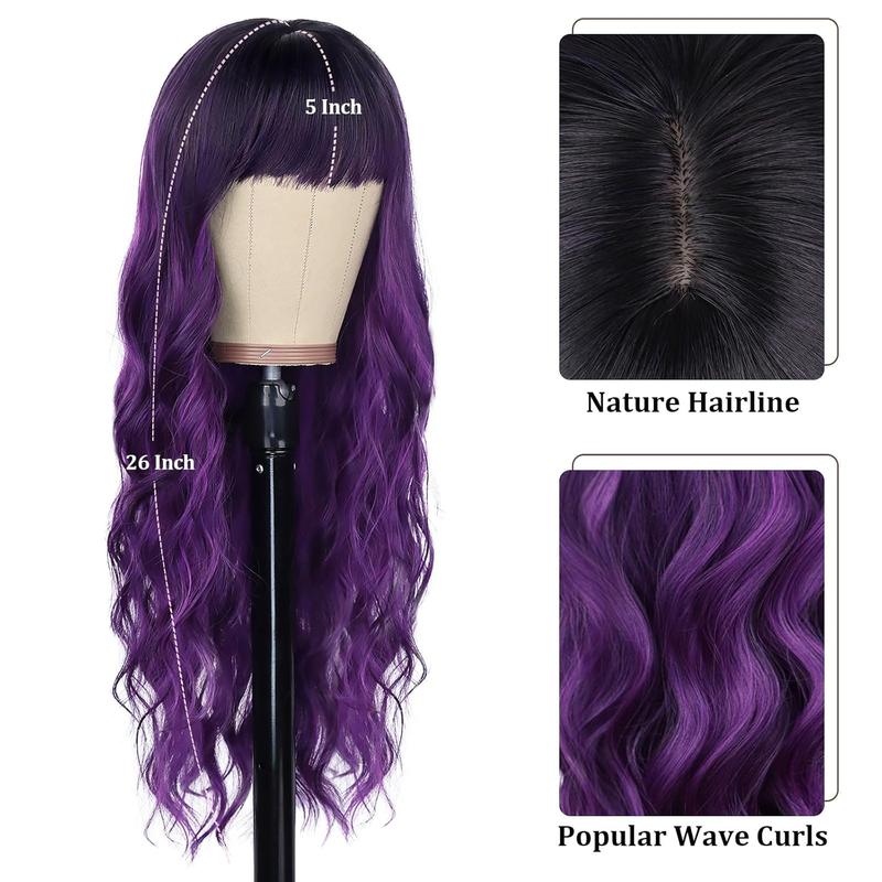 Purple Wig With Bangs Black and Purple Wigs for Women Long Curly Wavy Wig with Dark Roots Heat Resistant Synthetic Ombre Wigs for Women Daily Party Use (26 Inches)