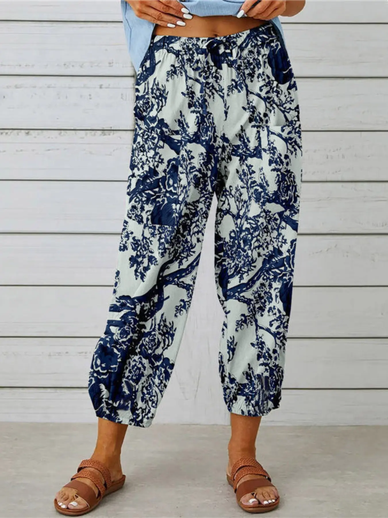 Vintage Tibetan Blue Seven-Eighths Pants, Lightweight Printed Cuffed Casual Pants, Japanese Lazy Ethnic High-Waist Lantern Pants