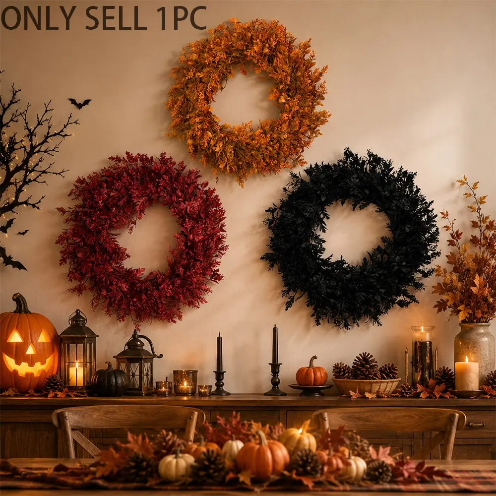1 pc. Halloween-themed artificial wreath with fine leaves, approx. 43 cm in diameter, available in three colors. Perfect for decorating Halloween, Thanksgiving, and fall harvest parties to easily create a festive atmosphere.