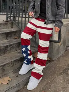 Men's Streetwear American Comfortable Casual Striped Print Jeans, Star Flag Print Wide Leg Jeans, Vintage Washed Straight Pants, Unisex Daily Wear