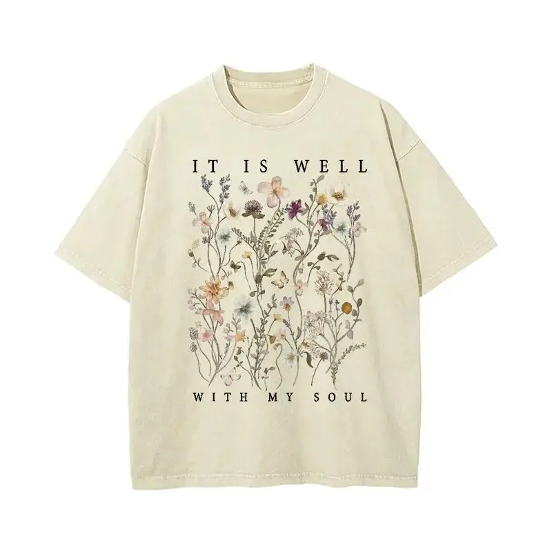 Christian It Is Well With My Soul Graphic T-Shirt Unisex Vintage Mineral Wash Tee, Painterly Wildflower Faithful Religious Oversized Top, Faith Gift