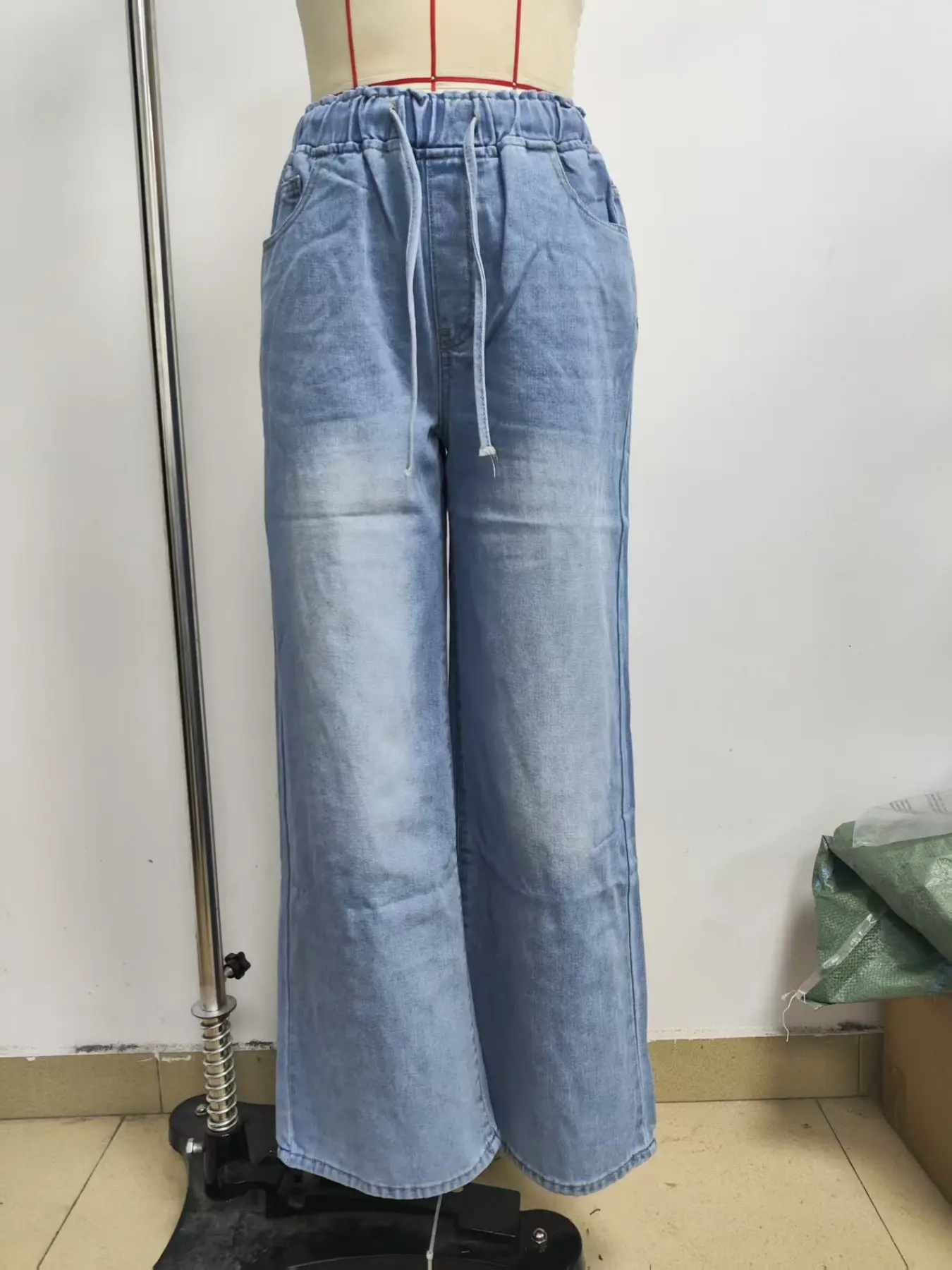 Casual Elastic Waist Drawstring Denim Wide Leg Long Pants for Women, Non-Elastic High-Waisted Jeans, Comfortable Daily Wear