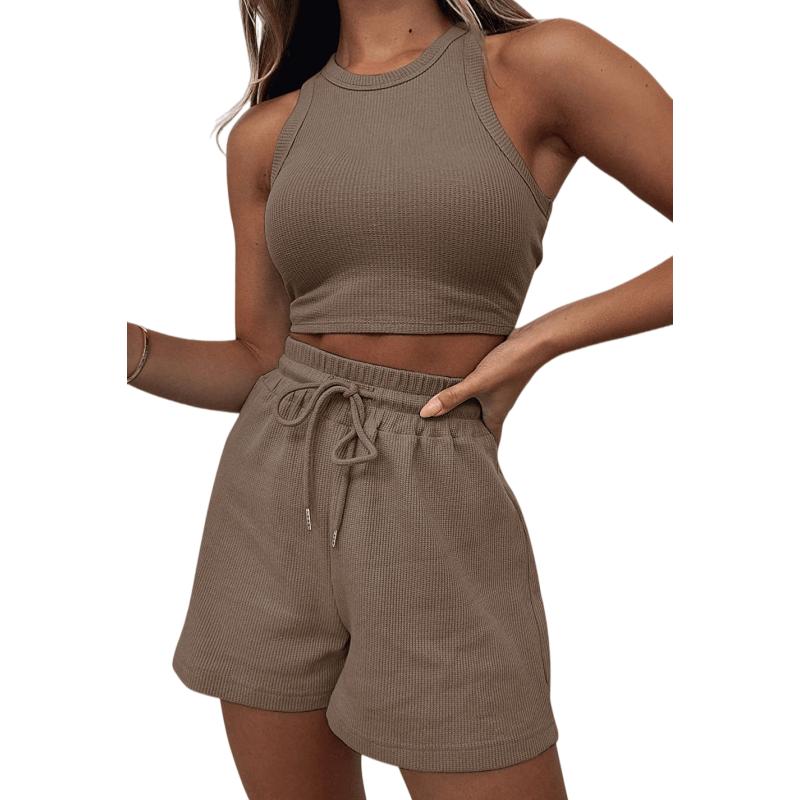 Women's 2-Piece Waffle Knit Lounge Set - Crop Tank Top & Drawstring Shorts Outfit