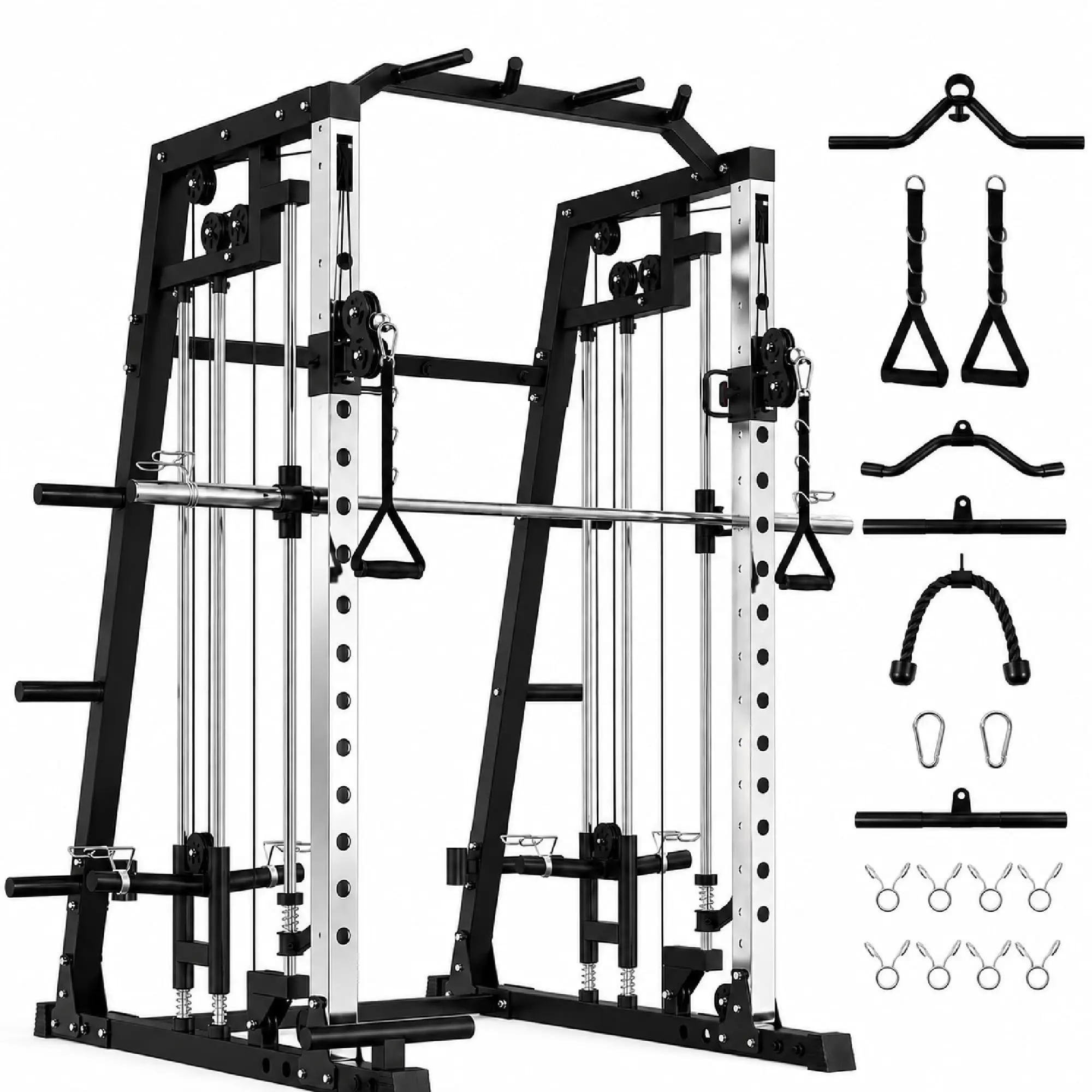 2200LB Heavy Duty Adjustable Smith Machine Power Cage Functional Gym - Dual Pulleys, Squat Rack, Lat Pulldown, Cable Crossover, 360° Landmine, Pull-Up Bar, J Hooks, Leg Hold-Down, Weight Storage for Full Body Workout Strength Training