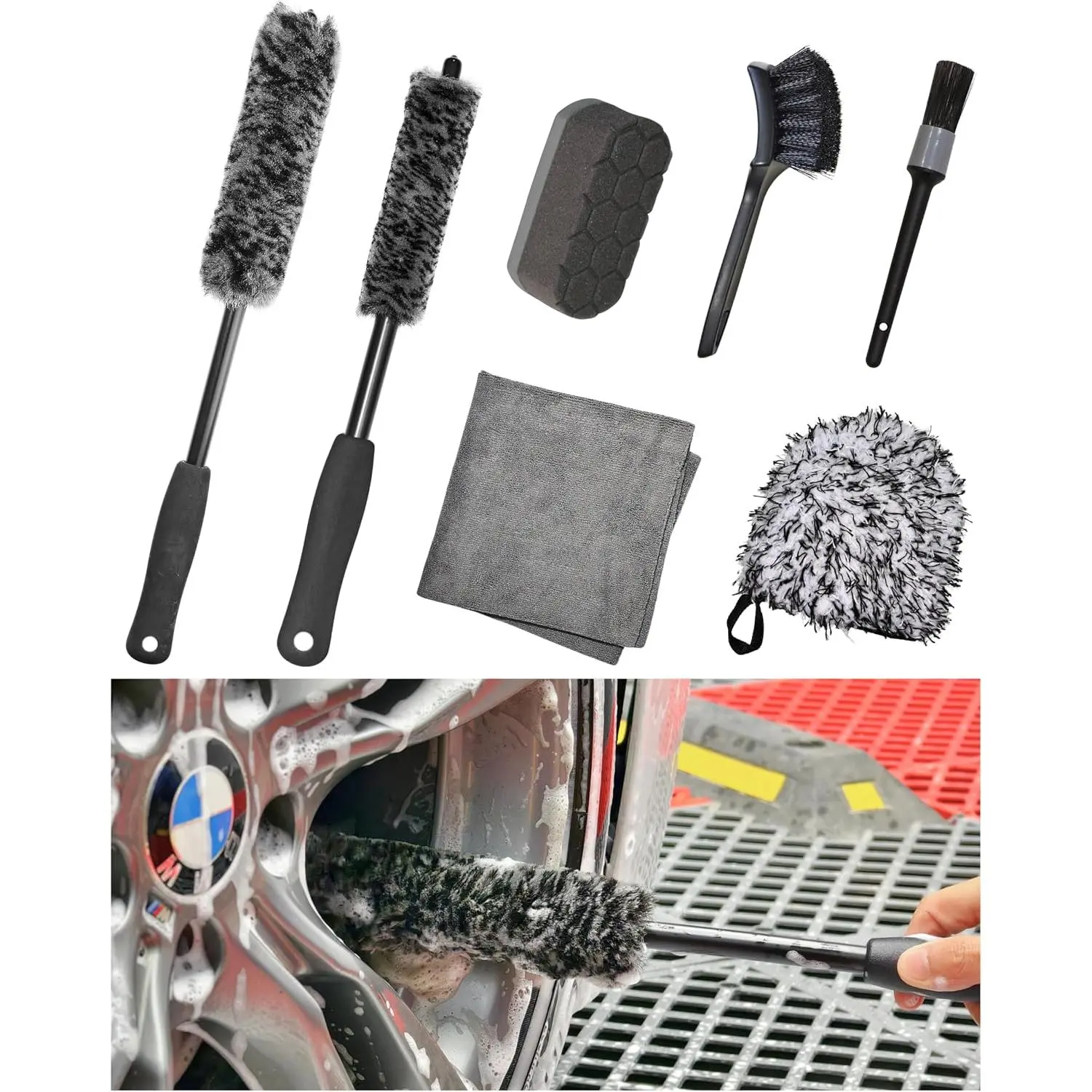 7 count Pro-Grade Wheel Cleaning Kit: Long Handle Soft Wheel Brushes, Detailing Brush, Tire , Wash Mitt, Hex-Logic Applicator & Microfiber Towel for Deep  Detailing