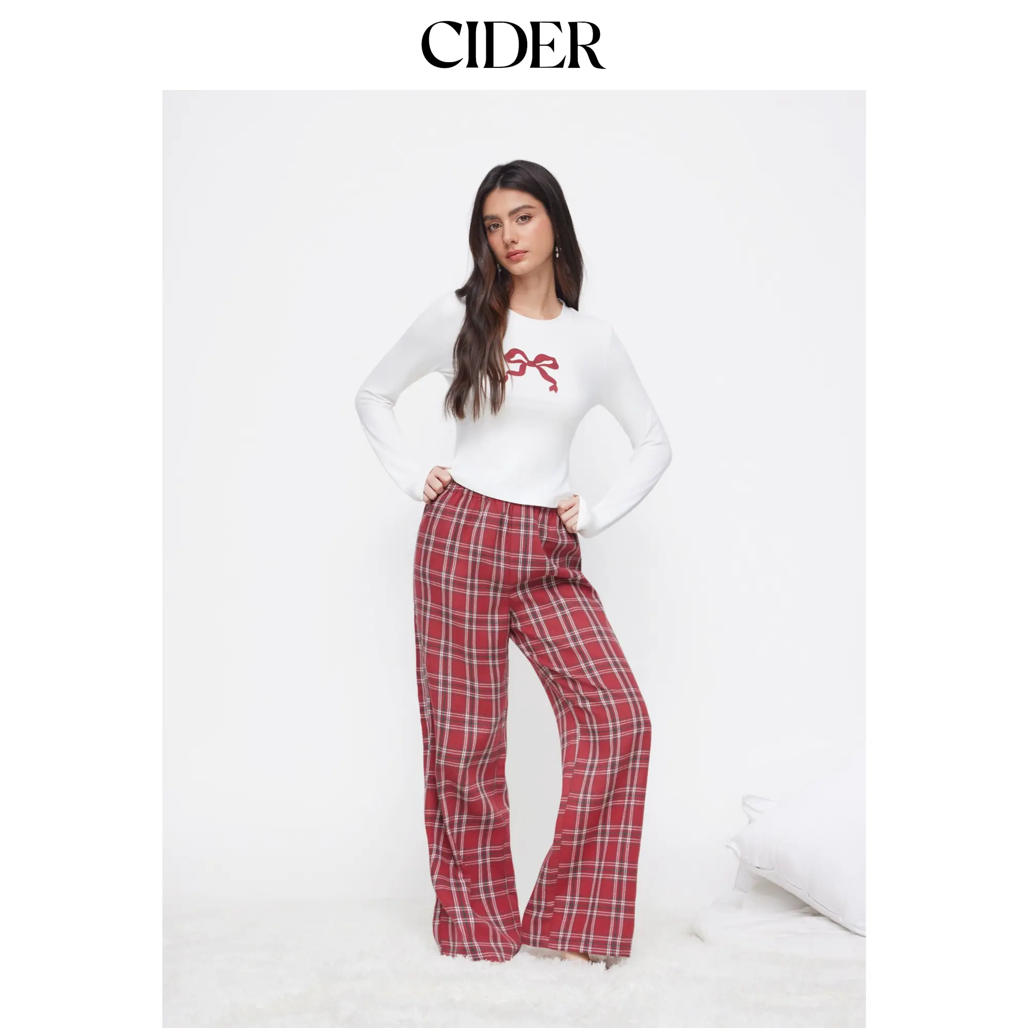 Cider Bowknot Graphic Round Neckline Top & Plaid Mid Rise Elastic Waist Straight Leg Trousers Loungewear Set