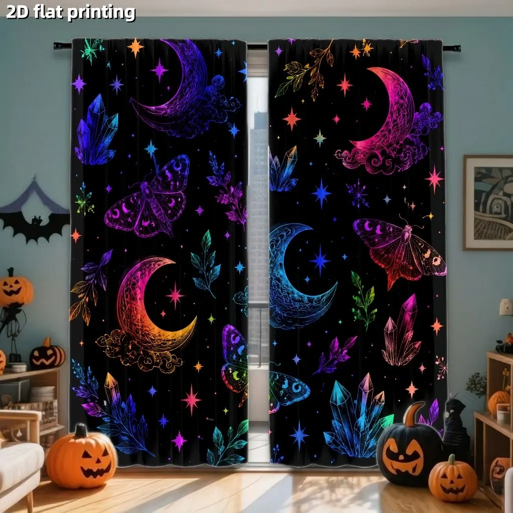 2Pcs Mystical Celestial Moon Crystal Butterfly Curtains, Window Drapes, Home Decoration Curtain, Vibrant Neon Glow Art, Digital Printing, Light Filtering Privacy Protection, for Living Rooms Bedrooms Study Home Decor