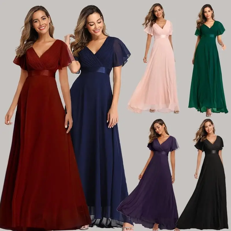 25 Spring Summer Handmade Folded Large Hem Double V-neck Bell Sleeve Dress Elastic Chiffon Party Bridesmaid Plus Size Evening Dress Purple Gown