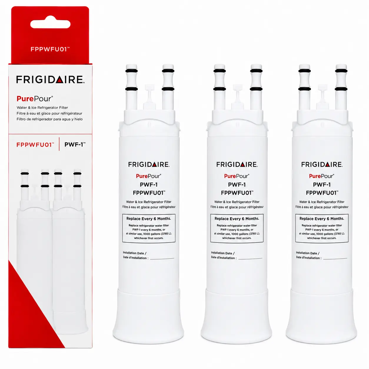 PWF-1 Refrigerator Water Filter Replacement, Compatible with Frigidaire FPPWFU01 & EPPWFU01, Reduces Chlorine Taste and Odor, Easy Install, 3 Pack