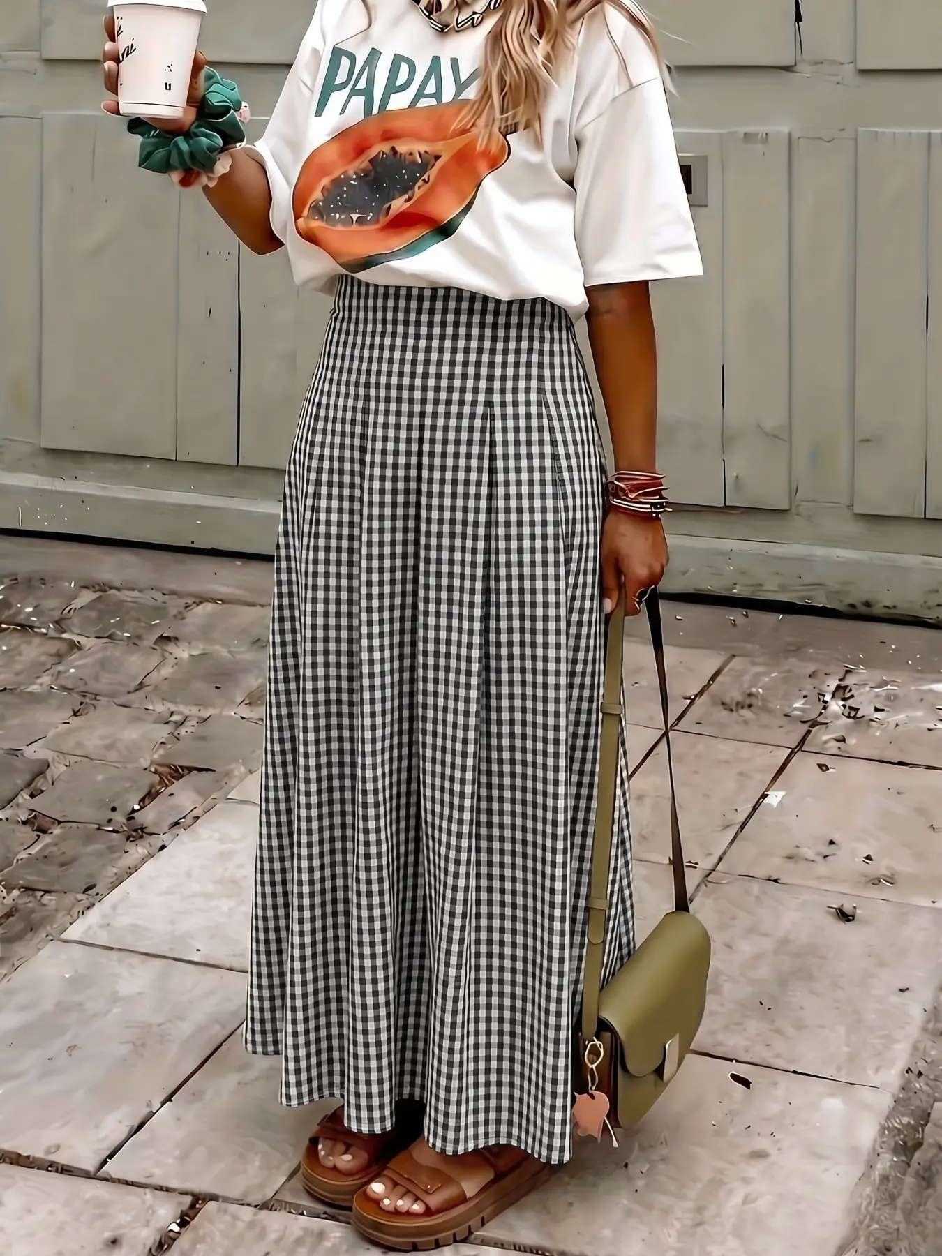 Plaid Midi Skirt, High Waist Pleated A-Line Hem, Elegant Loose-Fit Women's Bottoms Skirt, All-Seasons Fashionable Dressing