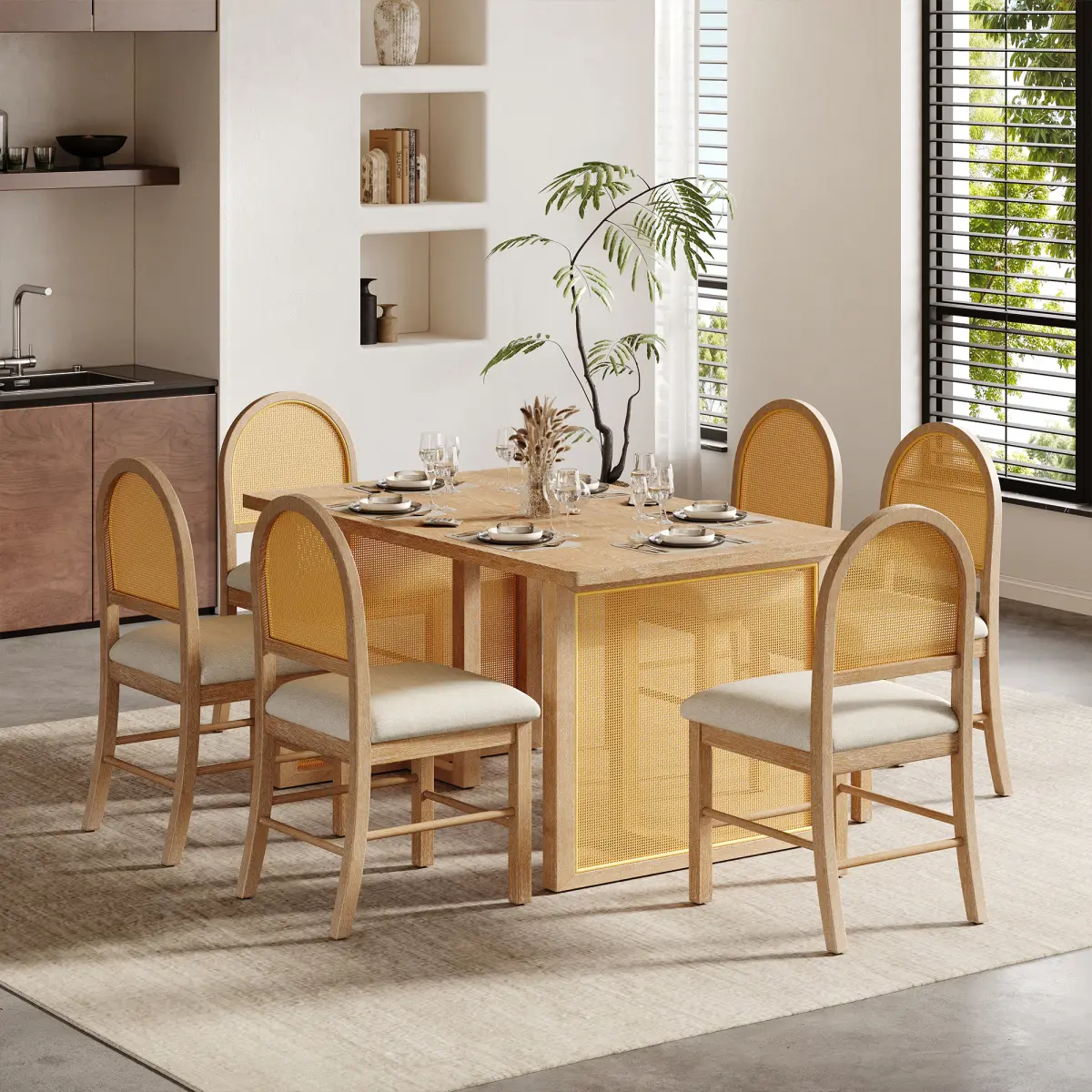 AobtkelTREXM 7-Piece Farmhouse Wood Dining Table Set for 6 - 59.8" Rectangular Distressed Veneer Table, 6 Ergonomic Rattan Chairs with Natural Grain, Easy Assembly Multi-Part Rustic Kitchen Furniture (Natural)