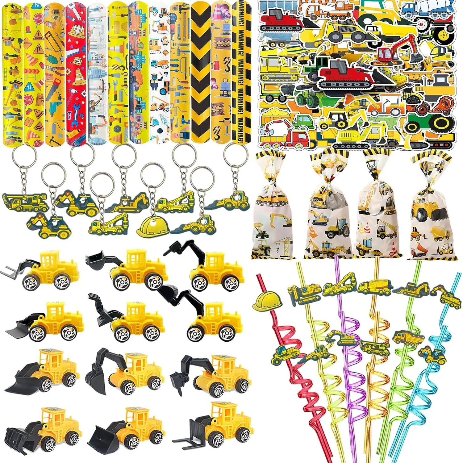 122 count Construction Party Favors,  Goodie Bags and  Set | 122 count construction party favors with  ,  bags, stickers, keychains,  bracelets, straws, and accessories.