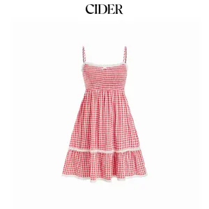 Cider Gingham Square Neck Shirred Tiered Ruffle Hem Mini Dress Dealsforyou
