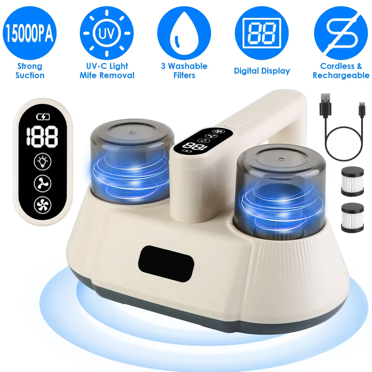 15000PA Cordless Mattress Vacuum Cleaner with UV-C Sterilization Light, Double Cup Dust Mite Remover, Rechargeable Bed Cleaner Equipped with 3 Washable Filters for Bedding Sofa Carpet Fabric Furniture