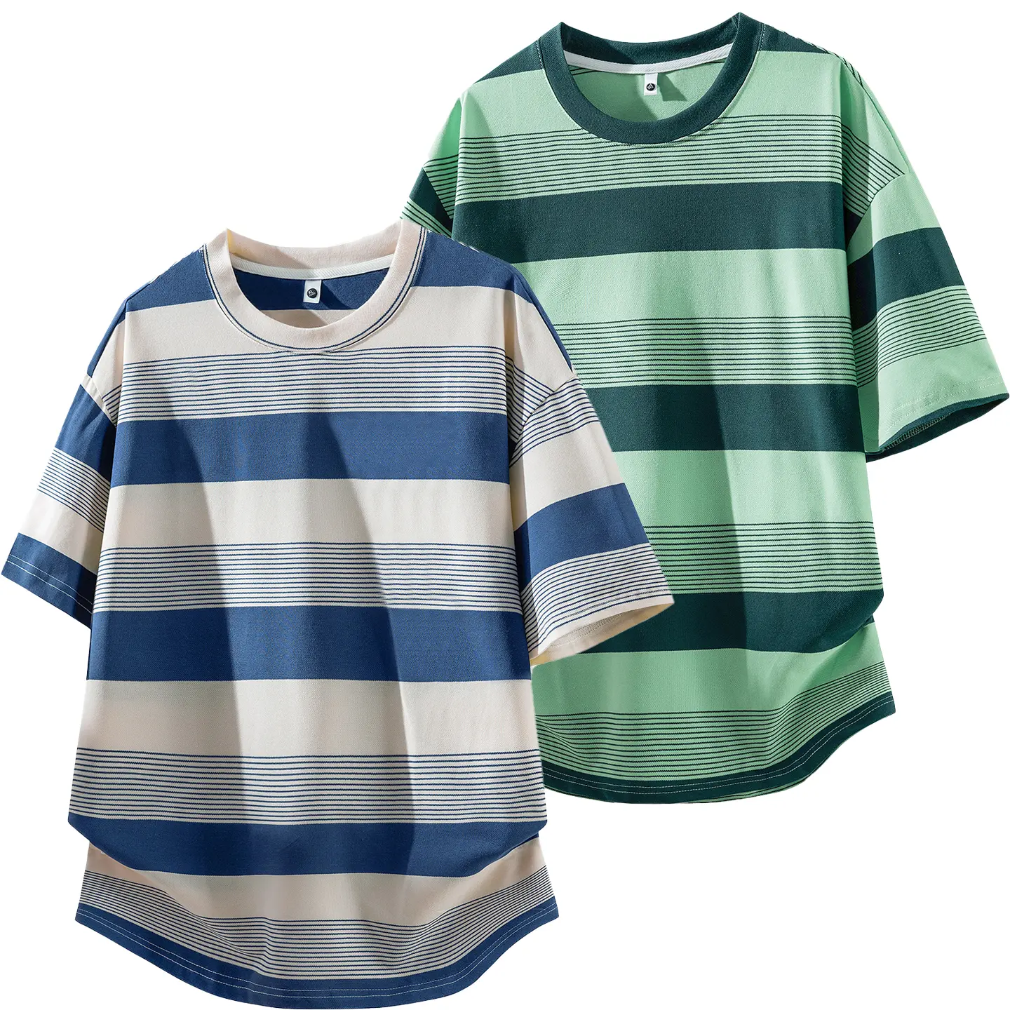 Men's Textured Cotton Casual Loose Streetwear T-Shirt - Menswear Clothes, Retro Baggy Elastane-Blend, Color-Block Stripes, Breathable Round Neck Short-Sleeve Spring Top (Sizes M,L)