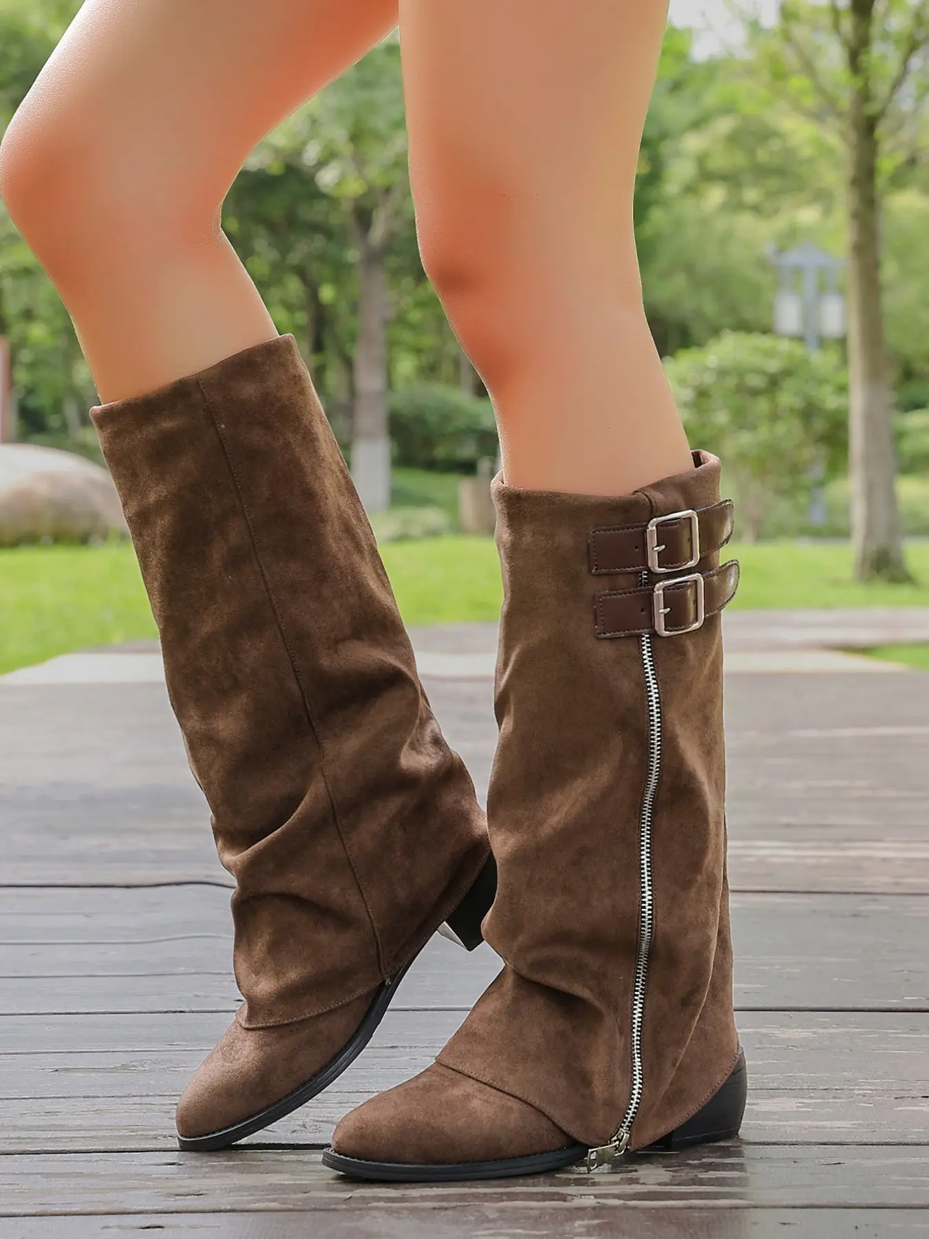 Women's Fashion Western Style Tall Boots, Pointed Toe Faux Fur Above Ankle Boots, Spring Fall Outdoor Casual Mid-Calf Boots, Vintage Knight Boots