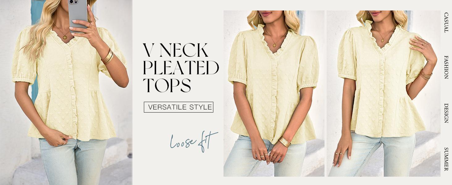 Fashare Womens Peplum Puff Sleeve Tops Dressy Casual Summer Textured Blouses V Neck Ruffle Pleated Shirts