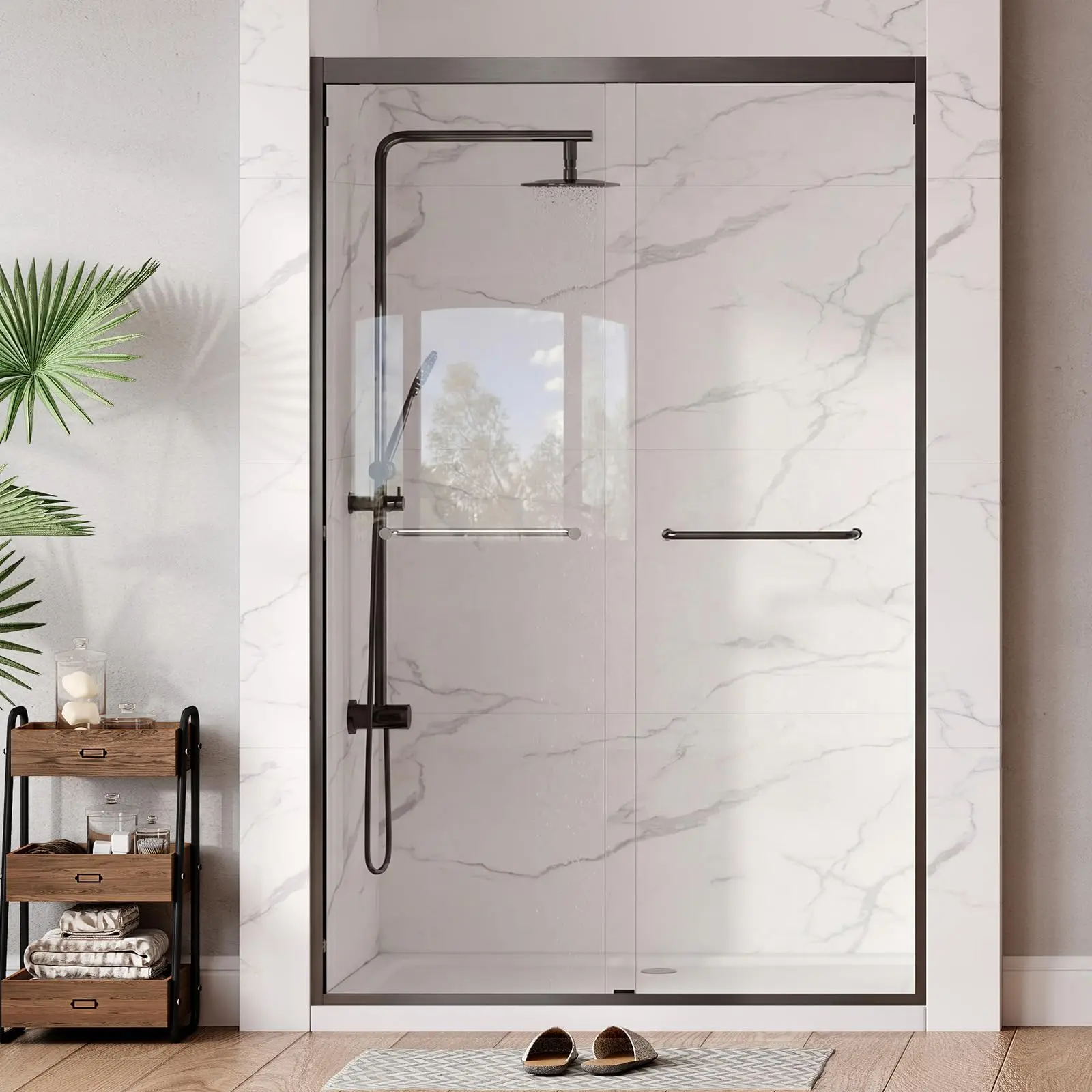 GAOMON Sliding Shower Doors with 1/4" Tempered Glass, Double Bypass Enclosure, Trimmable Width, Easy Clean Nano Coating, Available in Matte Silver and Matte Black, Multiple Sizes and Heights