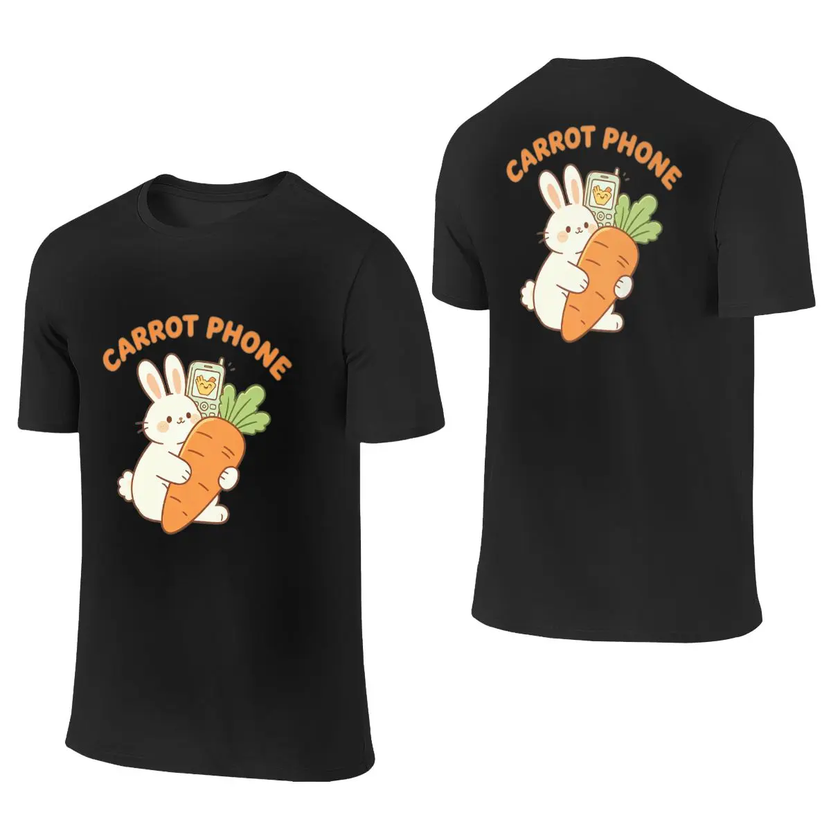 Unisex Short-Sleeve Sports T-Shirt - Crew Neck, Cute Carrot & Cartoon Bunny Double-Sided Print, Retro Flip Phone Vegetable Humor, Soft Polyester Lightweight Fabric, Machine Washable Casual Outing Top for Rabbit Pet Lovers, Casual Outings